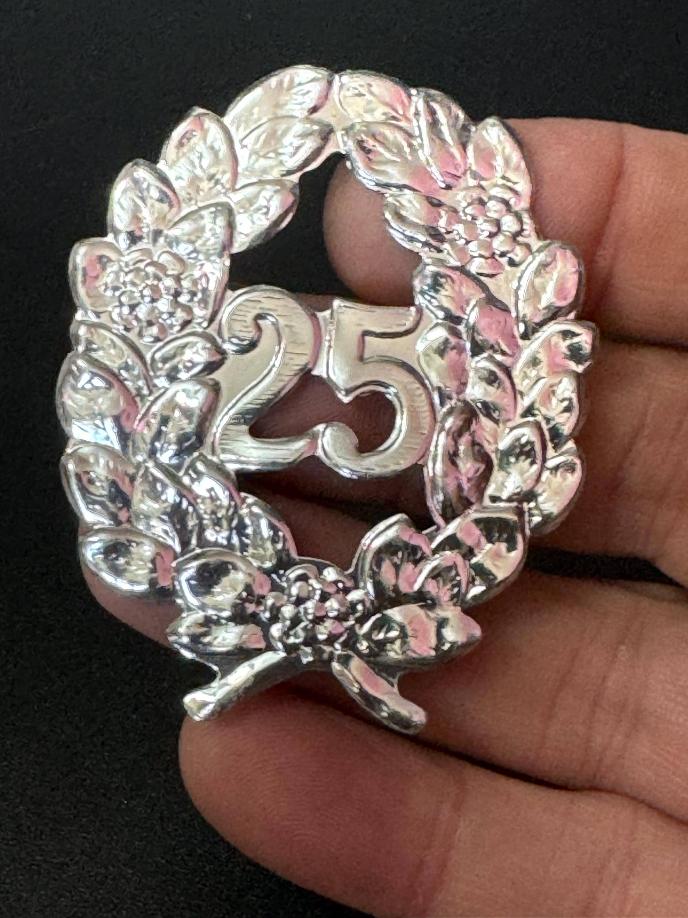 Vintage traditional 25th silver wedding anniversary cake topper decoration embossed metal