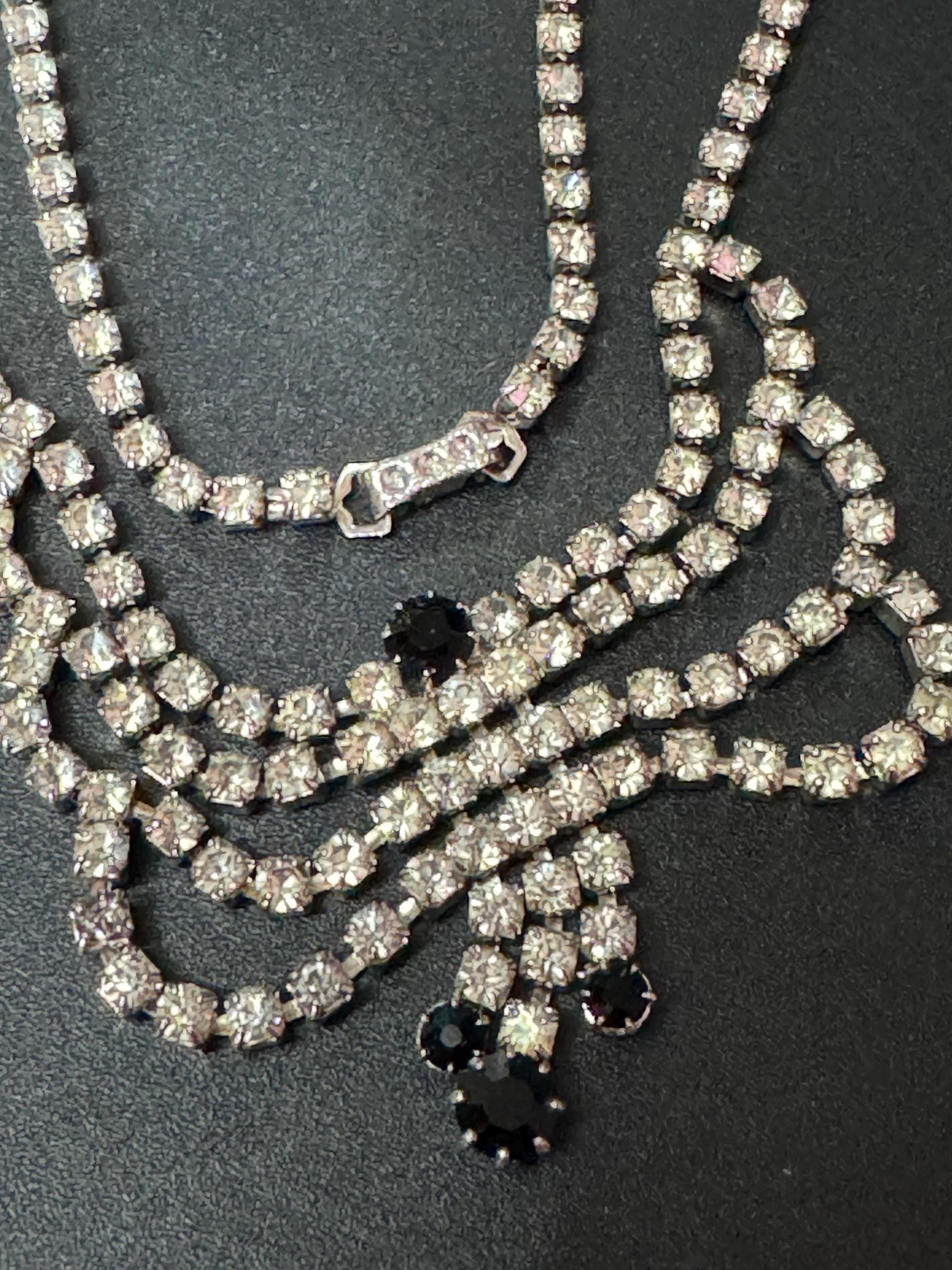 Vintage diamanté rhinestone black and clear paste set swag drop necklace