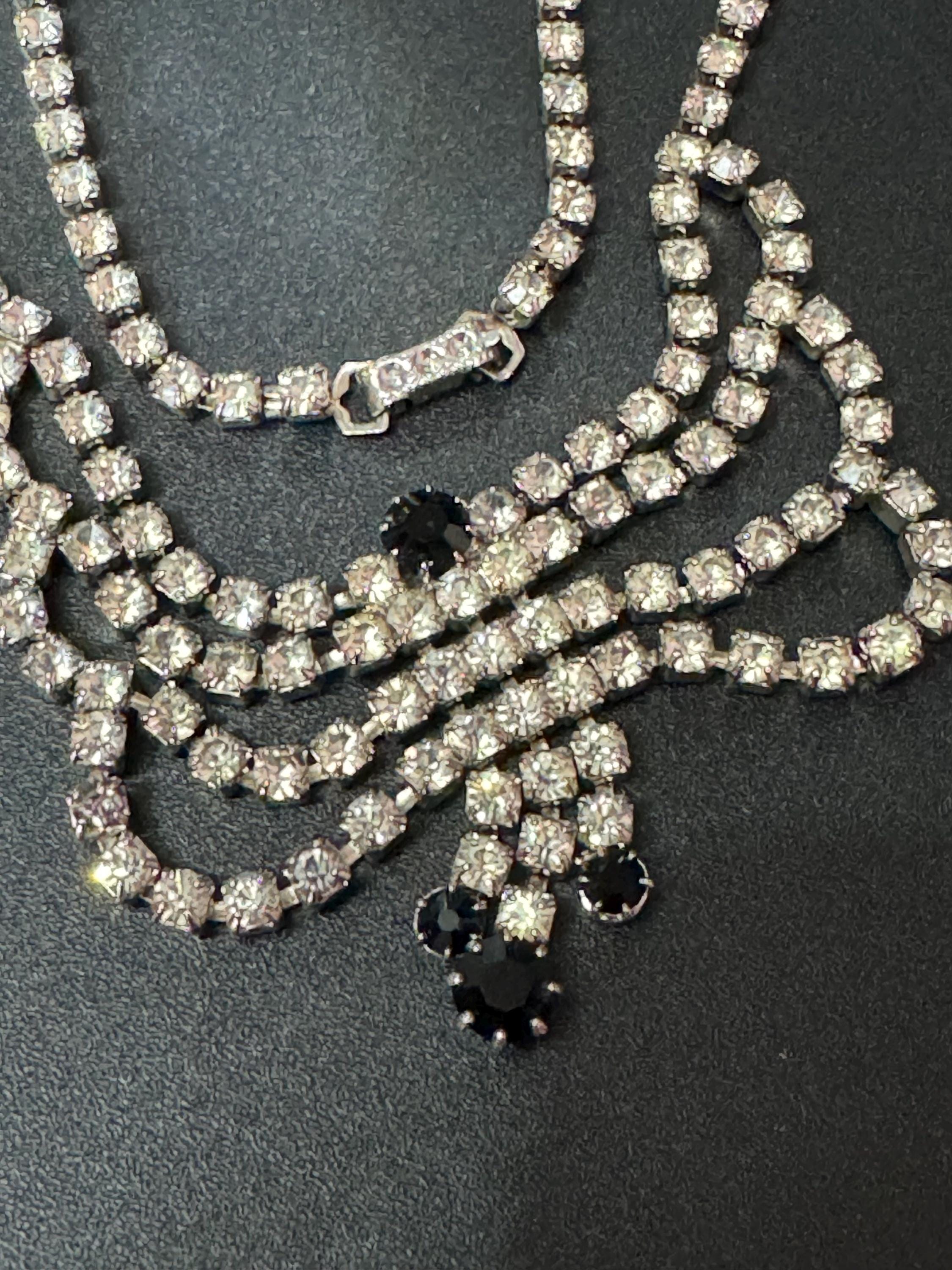 Vintage diamanté rhinestone black and clear paste set swag drop necklace