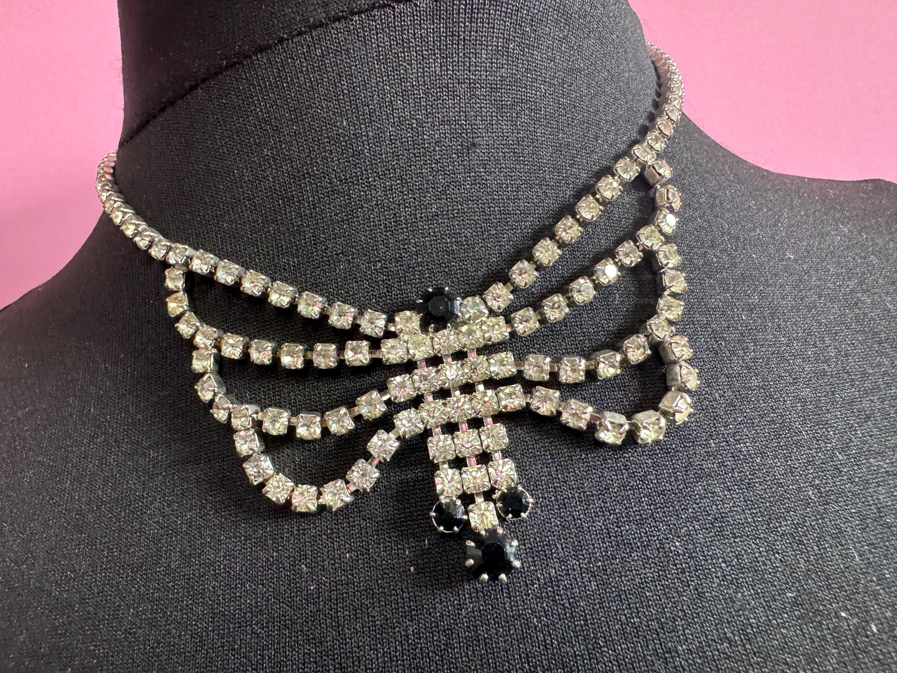 Vintage diamanté rhinestone black and clear paste set swag drop necklace