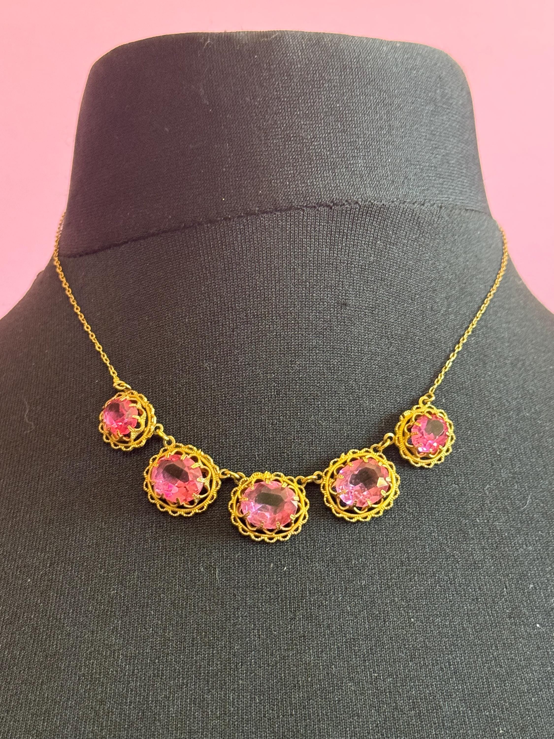 Art deco pink rhinestone paste dainty necklace Vintage gold tone 45cm