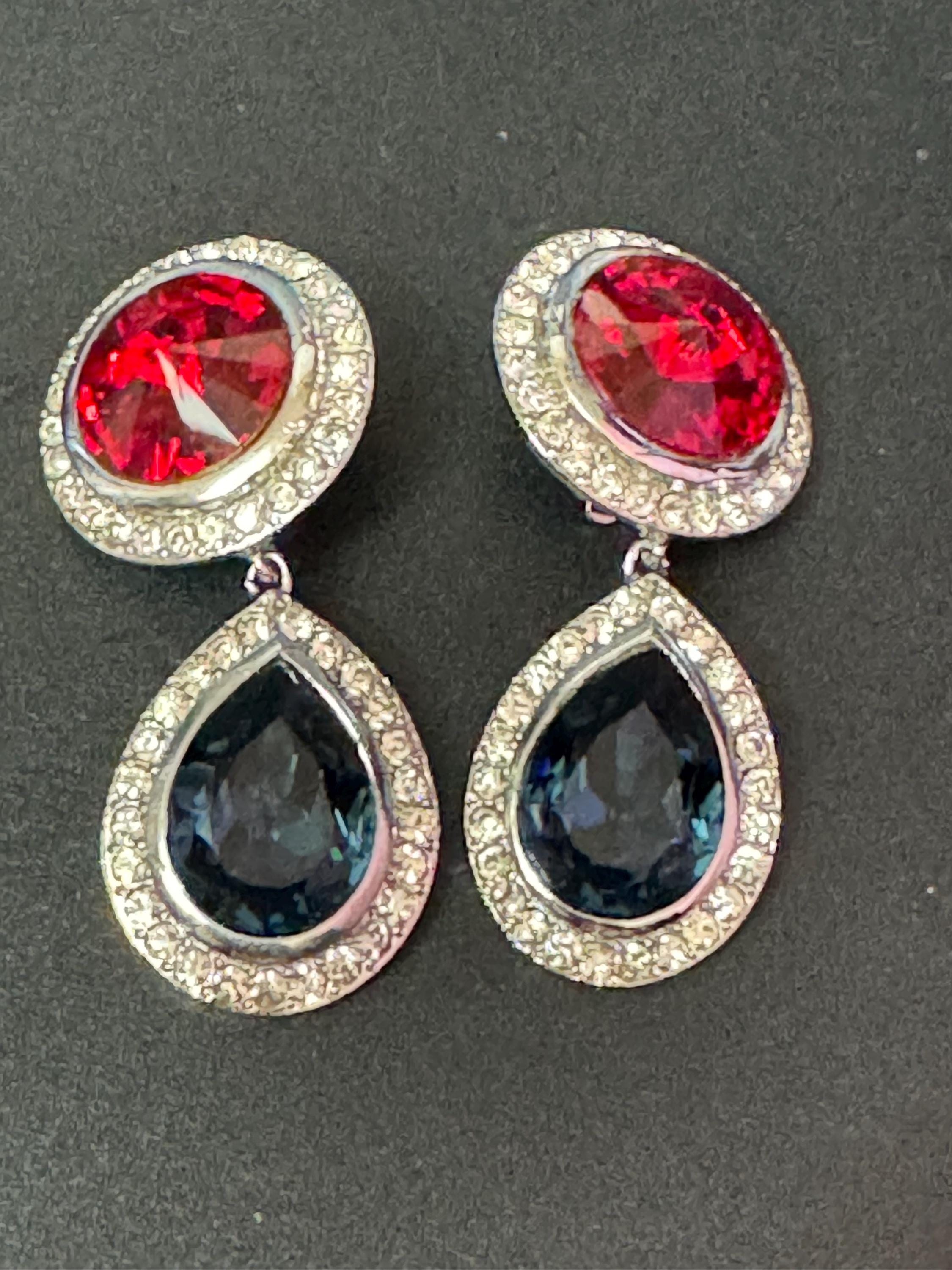 vintage oversized silver tone ruby red sapphire blue and clear Swarovski crystal teardrop dangly earrings 1980s old shop stock