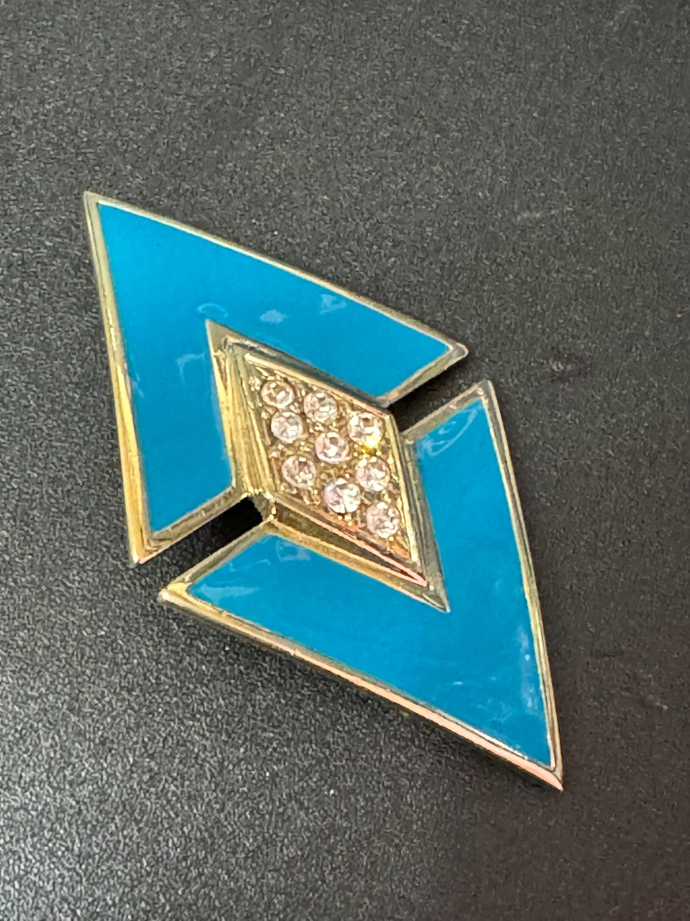 Vintage turquoise blue enamel diamanté gold tone geometric brooch 1980s