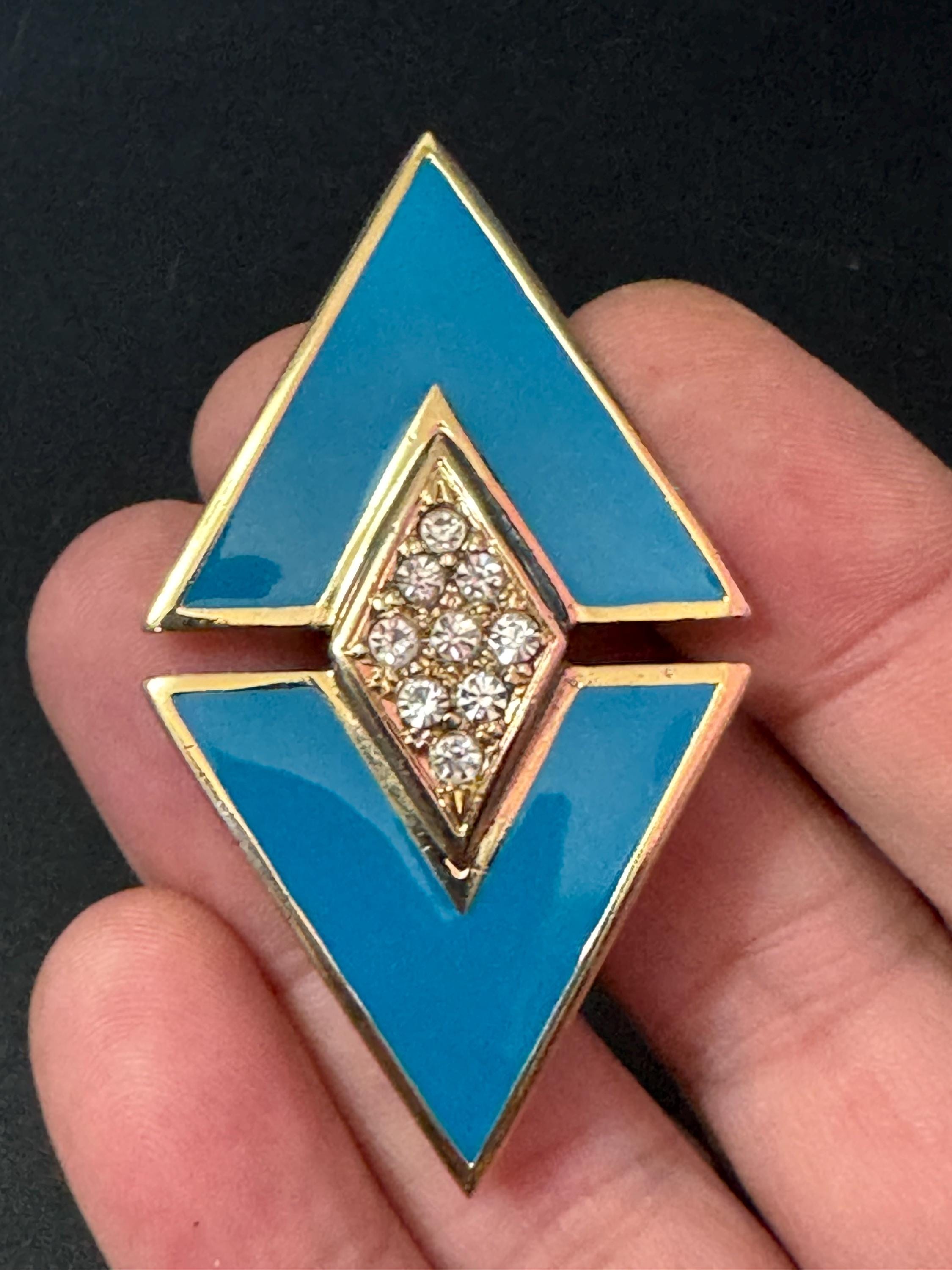 Vintage turquoise blue enamel diamanté gold tone geometric brooch 1980s