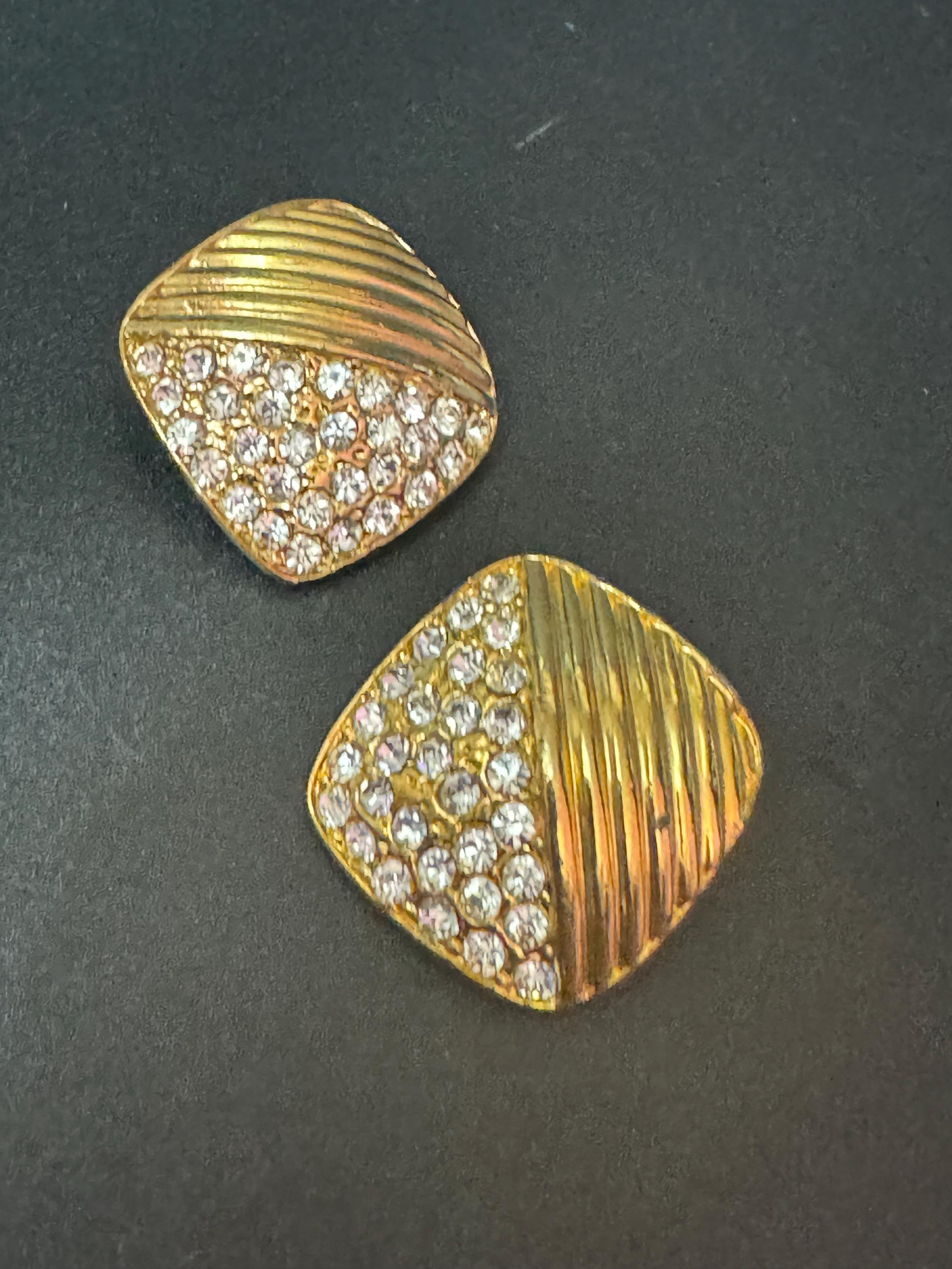 1980s modernist gold tone square clip on diamanté stud earrings 2.5cm