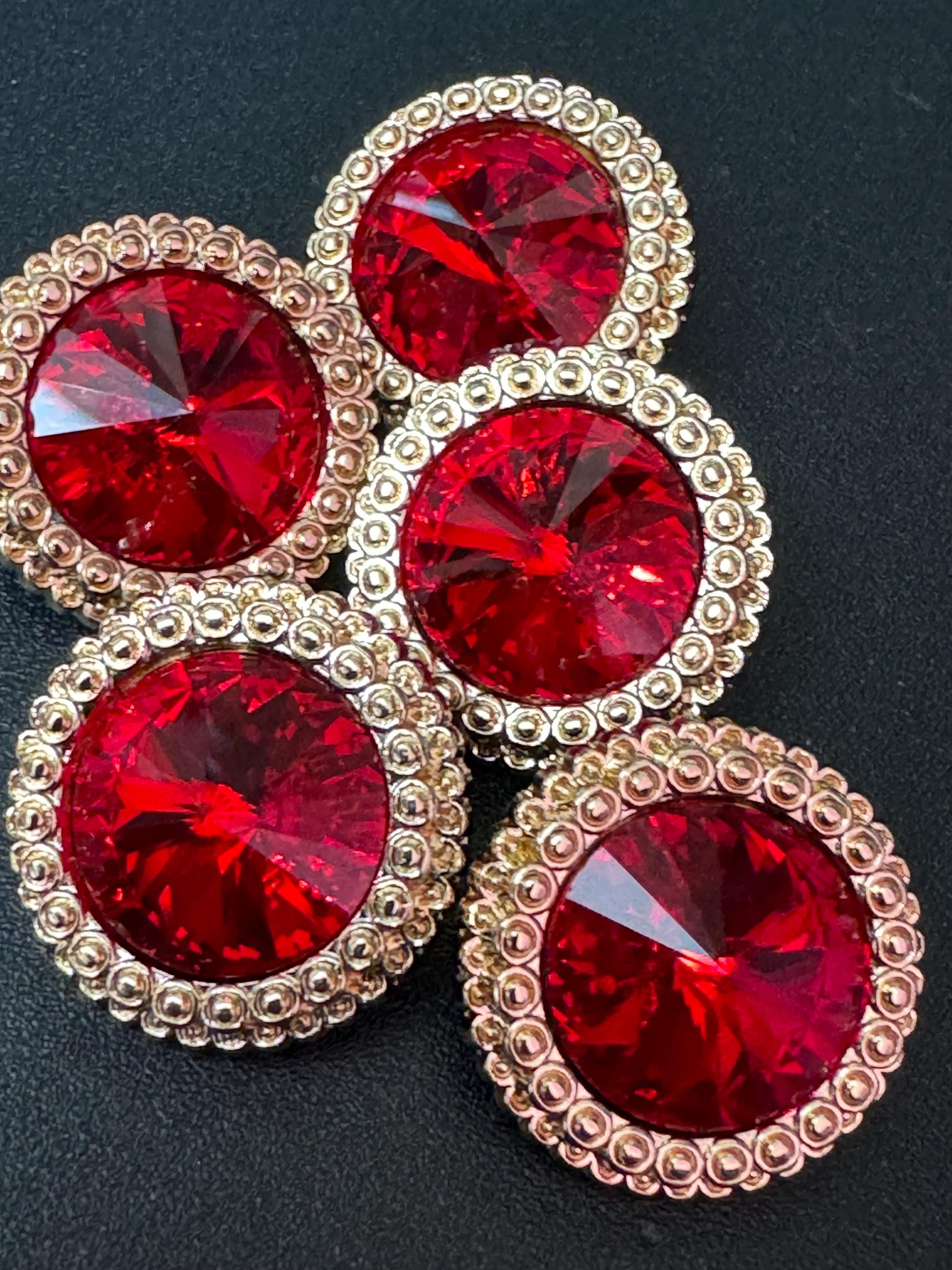 21mm RUBY RED Rivoli Crystal glass buttons  pack of 5, metal shank gold tone metal