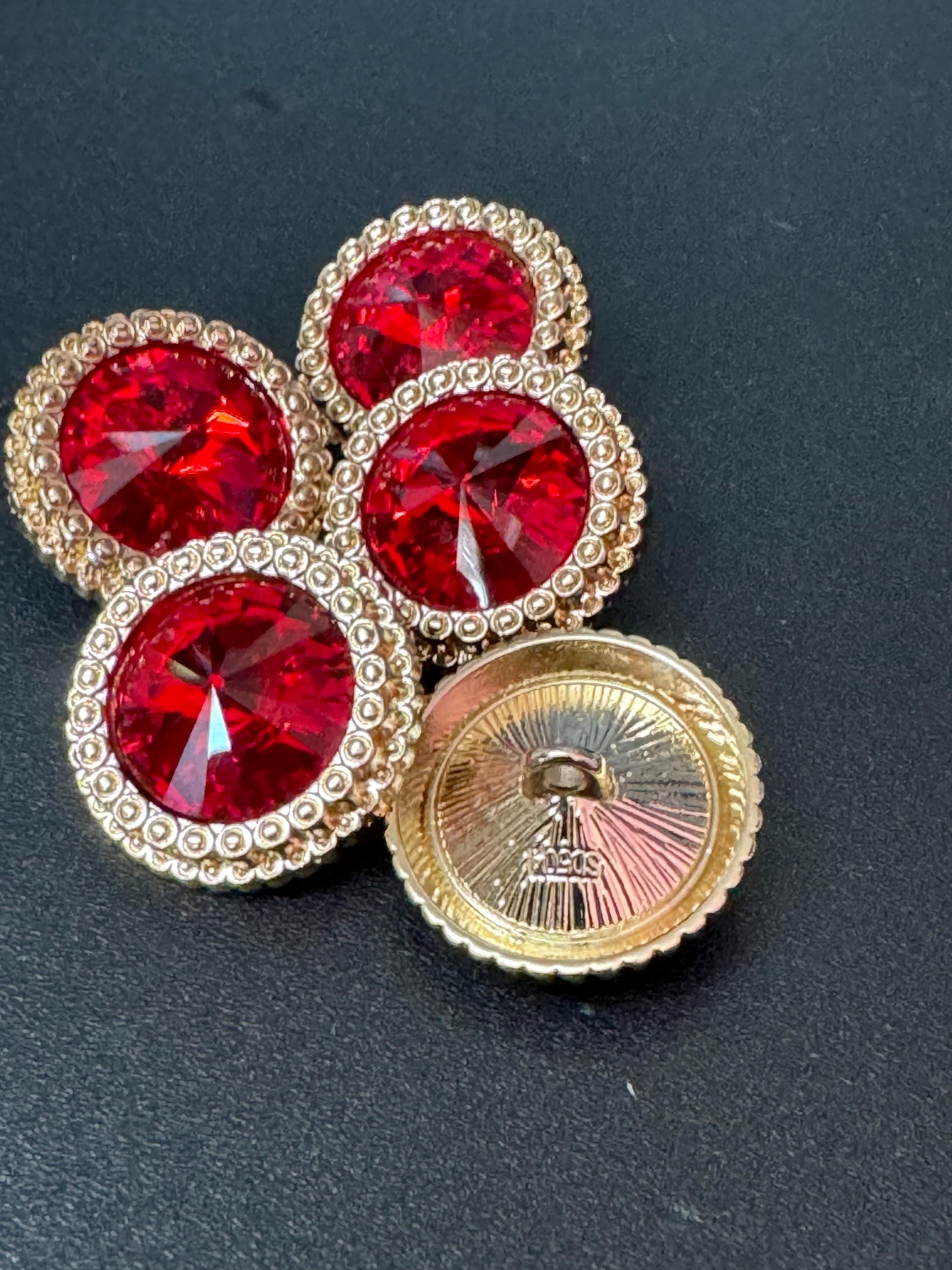 21mm RUBY RED Rivoli Crystal glass buttons, pack of 5 gold metal