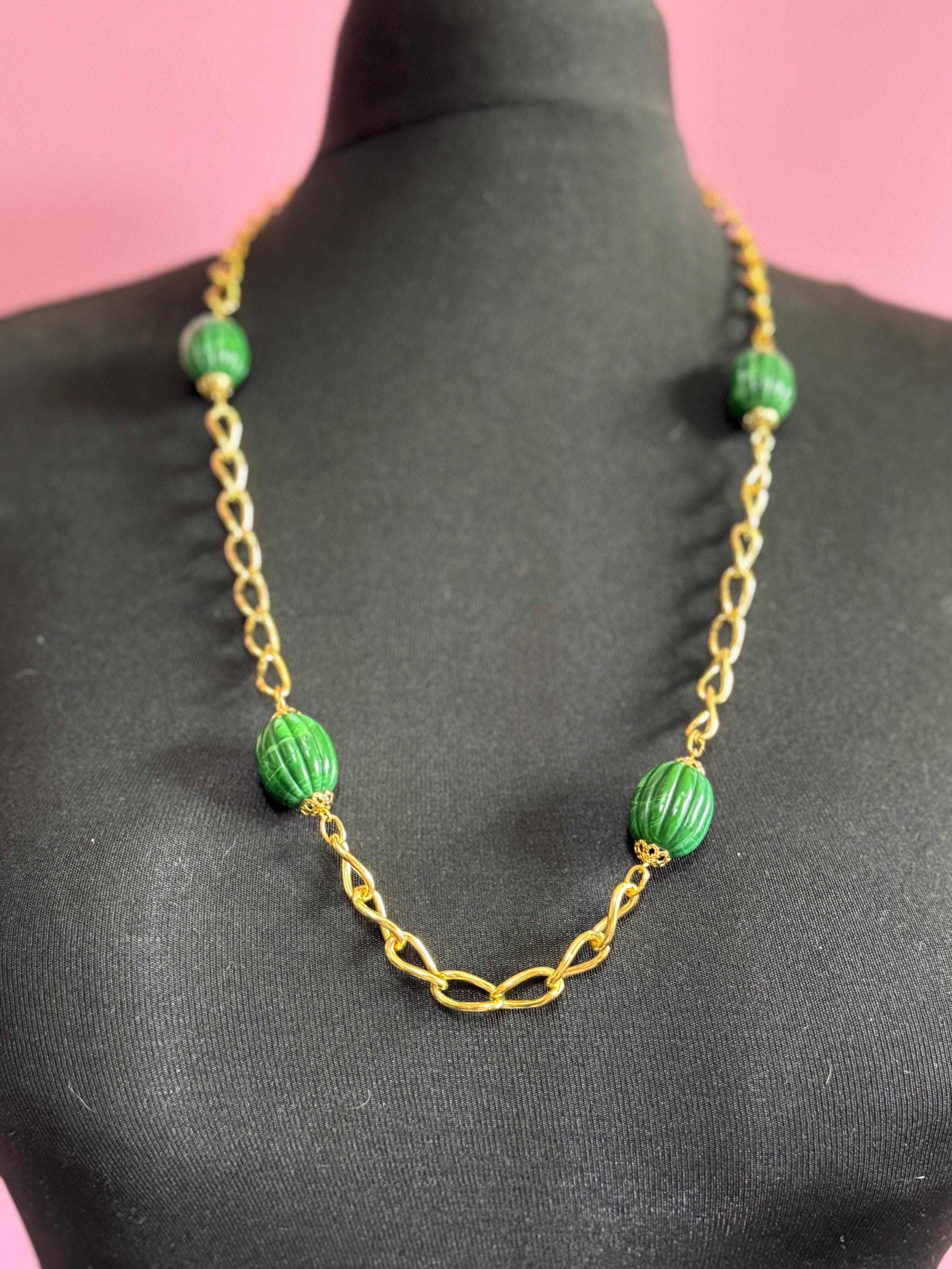 31.5” 80cm long 1980s thick gold plated big green watermelon beaded station necklace for layering