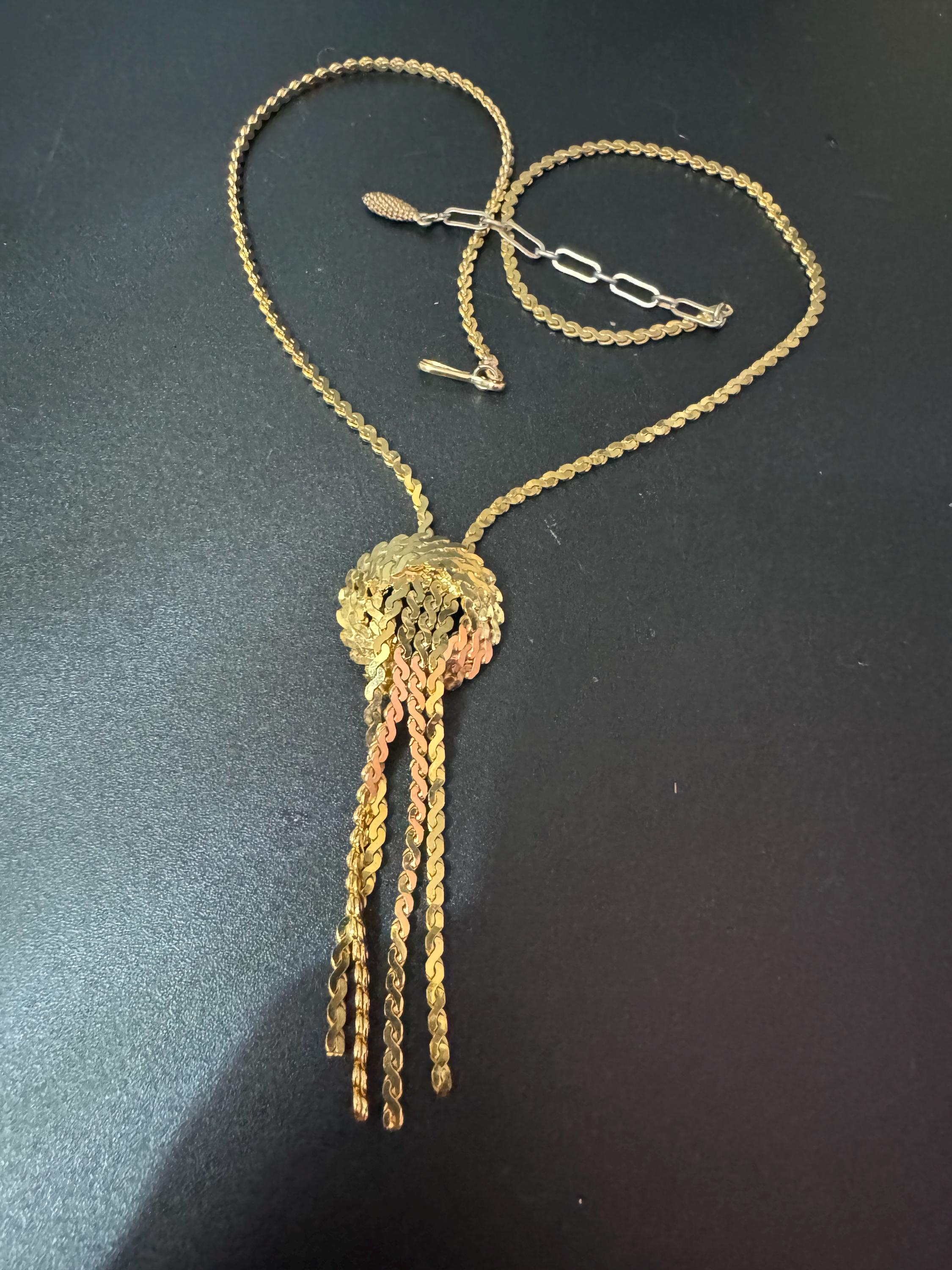 Vintage 1970s serpentine chain gold tone lariat negligee drop necklace