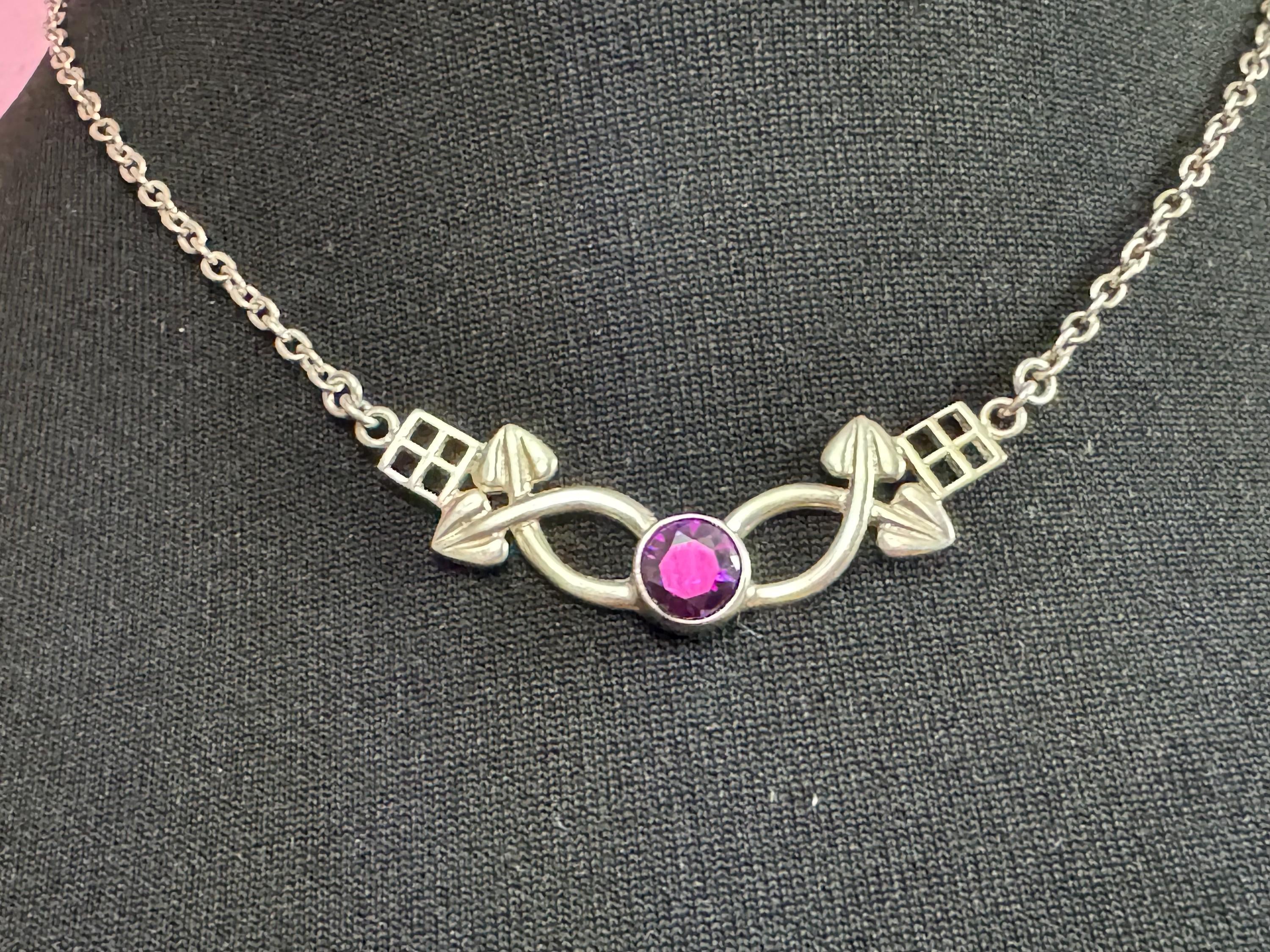 Vintage retro sterling silver 925 art nouveau amethyst paste stone glass drop necklace chain pendant