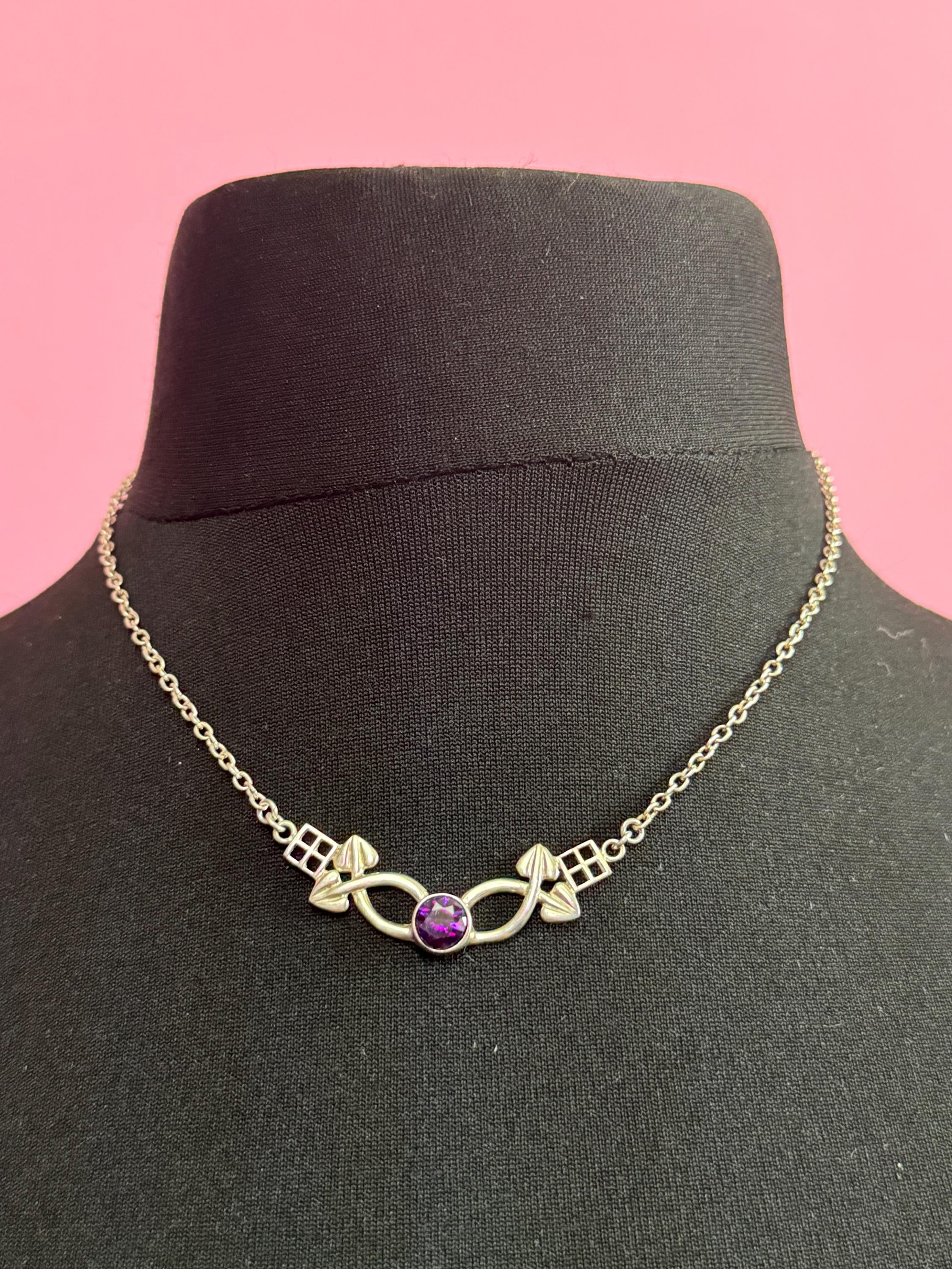 Vintage retro sterling silver 925 art nouveau amethyst paste stone glass drop necklace chain pendant