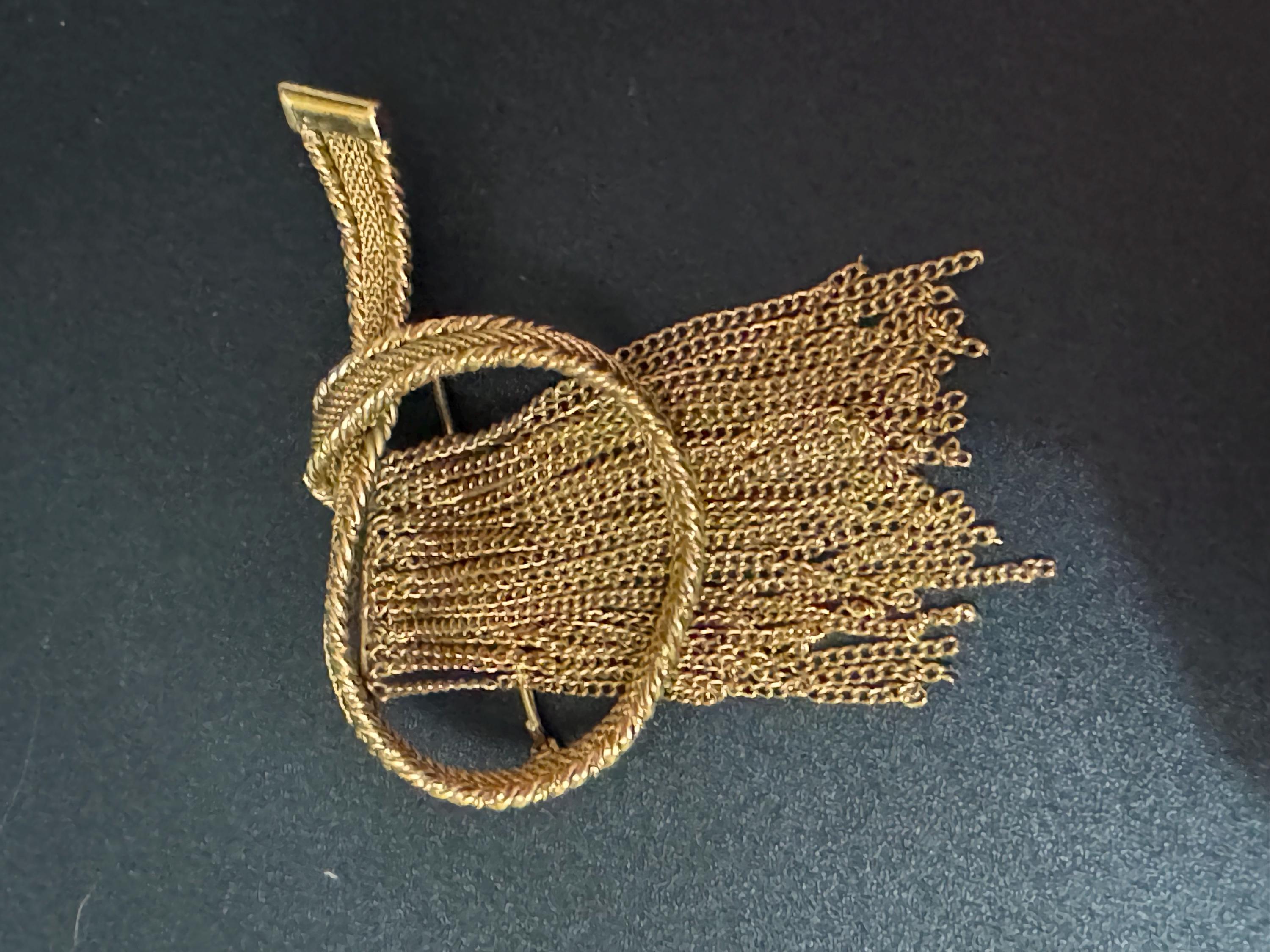 vintage gold tone chain mesh tassel brooch 1960s 1950s modernist mid century