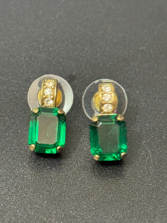 Emerald Green glass diamanté crystal small drop earrings pierced gold tone