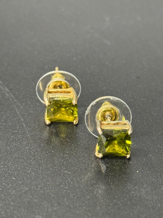 Olive Emerald Green glass diamanté crystal square stud earrings pierced gold tone