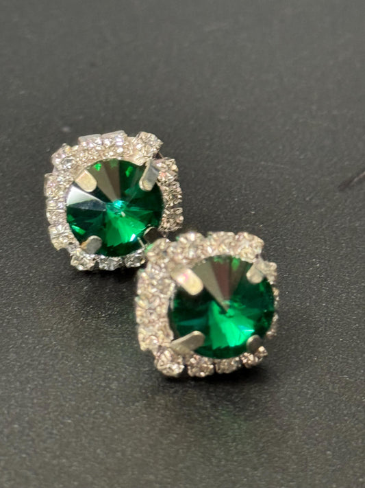 Emerald green and clear glass Rhinestone large stud pierced Earrings silver tone 12mm