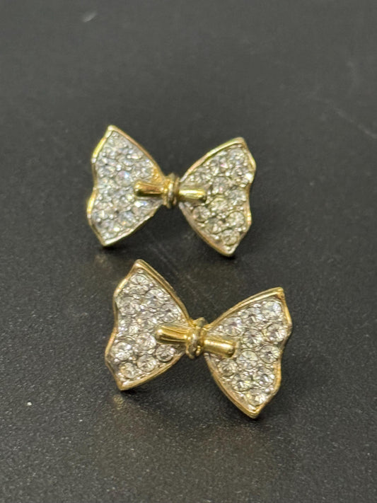 Vintage gold tone diamante bow earrings for pierced ears