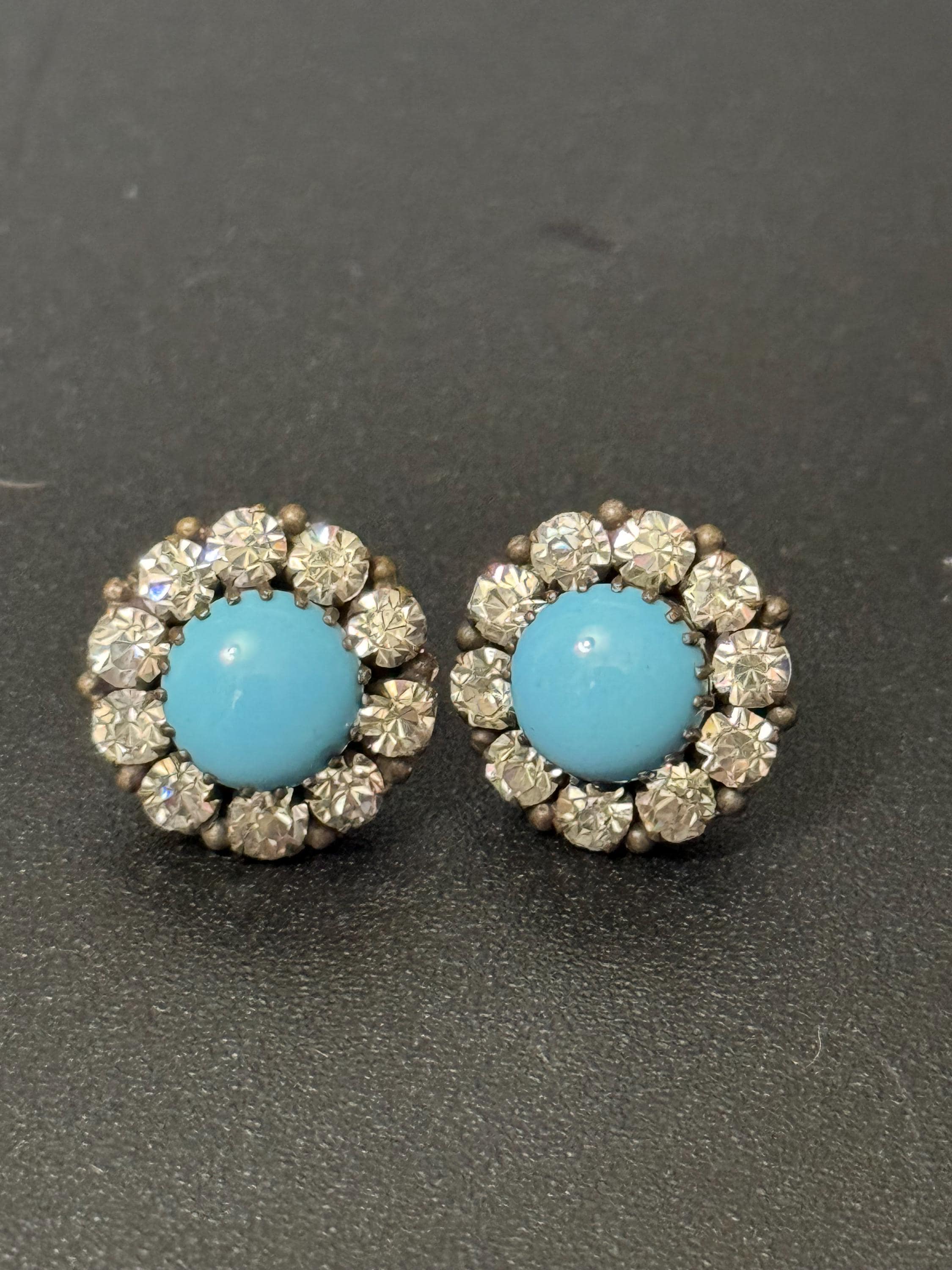 Vintage TURQUOISE glass cabochon clear crystal earrings pierced 15mm