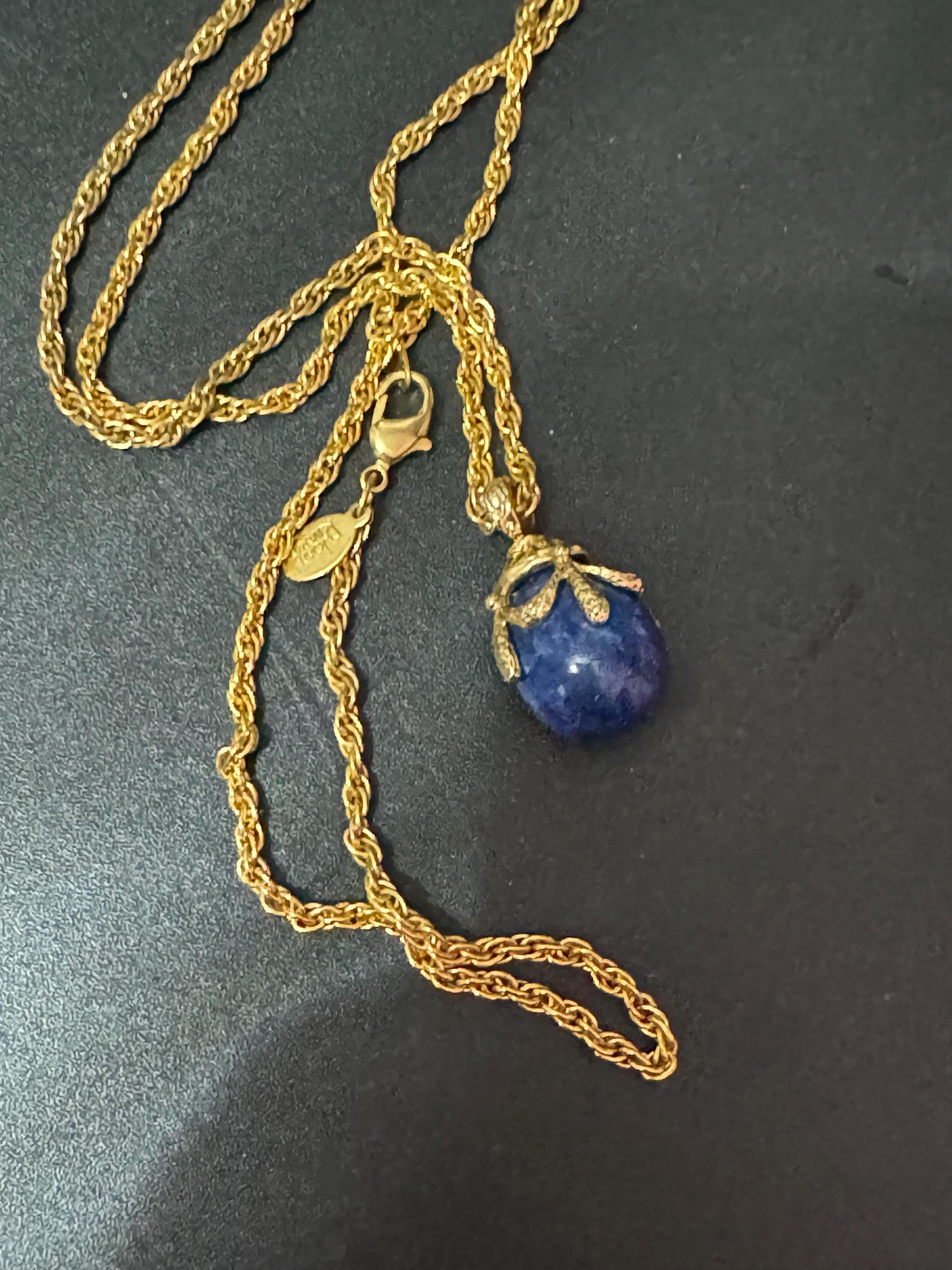 Joan Rivers Faberge inspired blue lapis lazuli egg pendant necklace 72cm