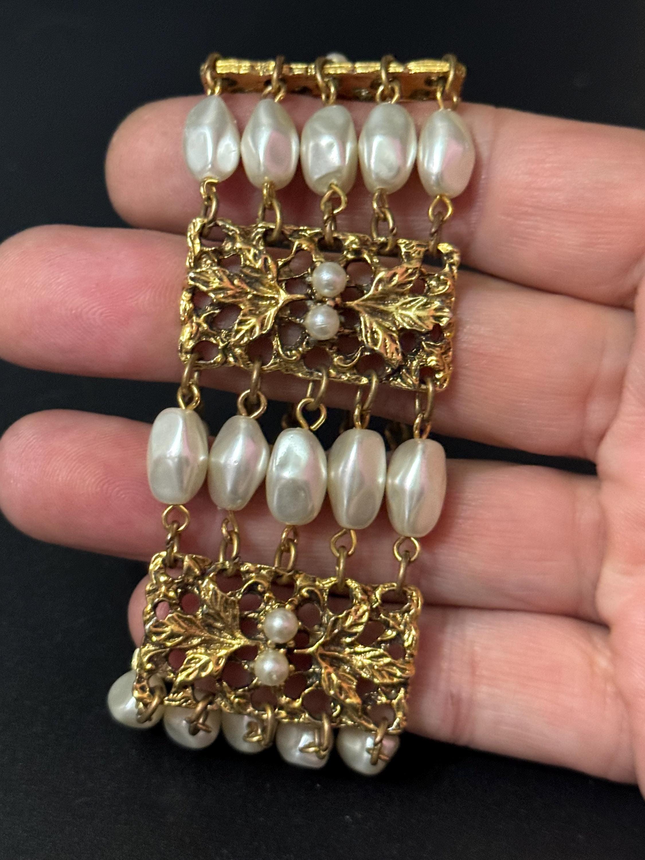 Signed Celebrity Vintage wide gold tone ornate faux pearl chain link modernist bracelet 1970s 1960s statement mid century