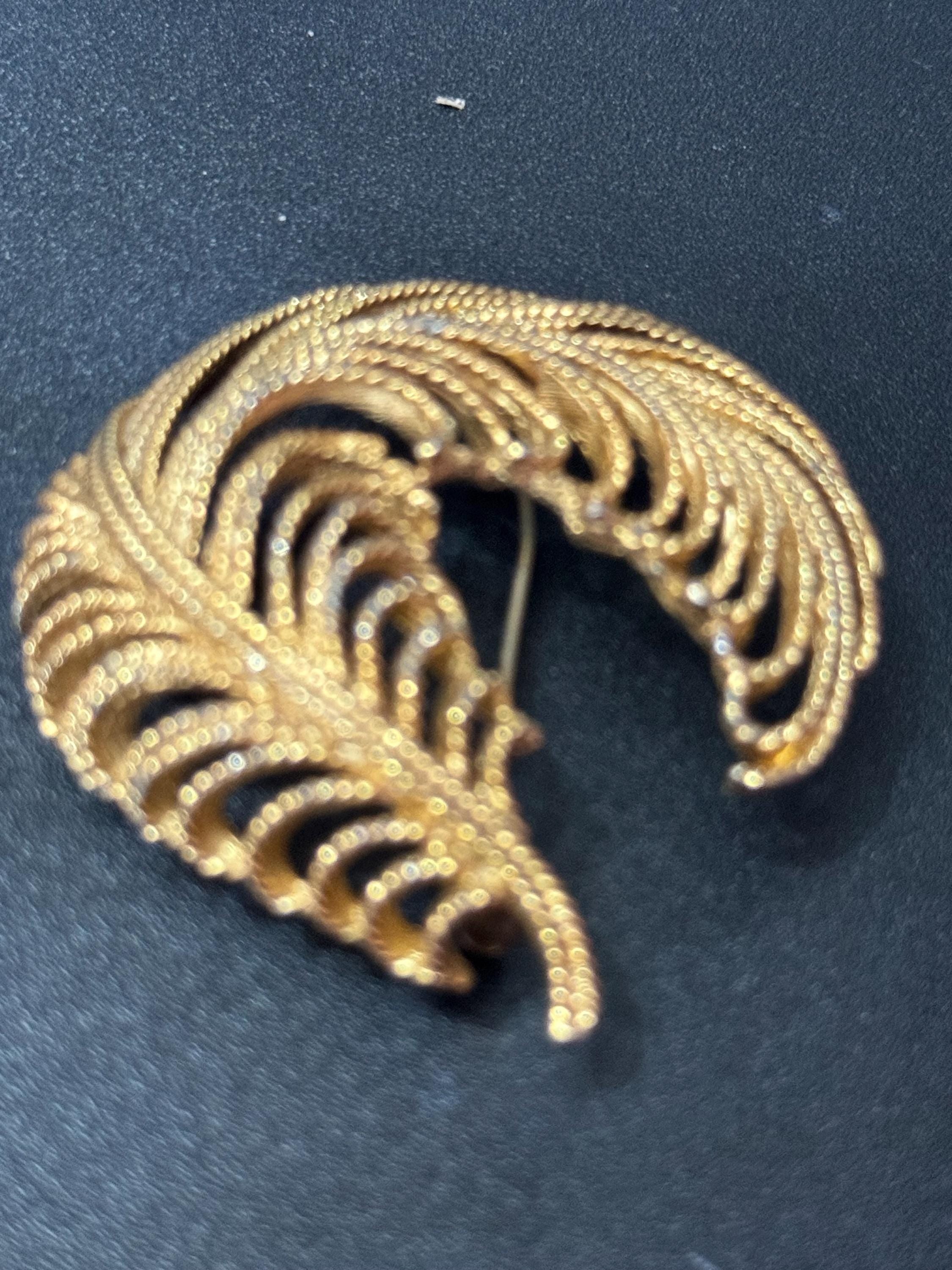 Signed MONET large gold tone abstract modernist leaf brooch