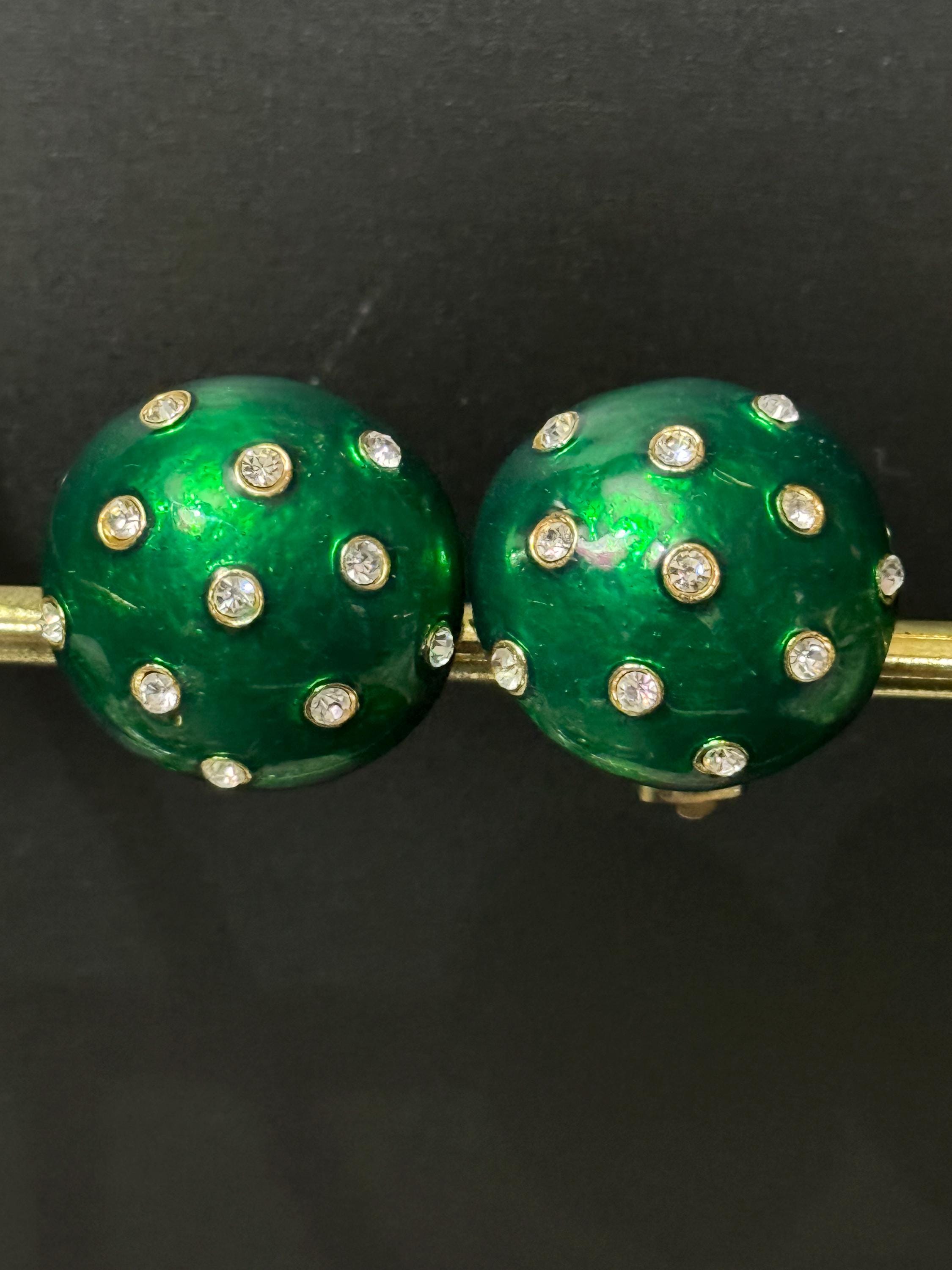 signed Ciro Green enamel gold tone domed round diamanté clip on earrings