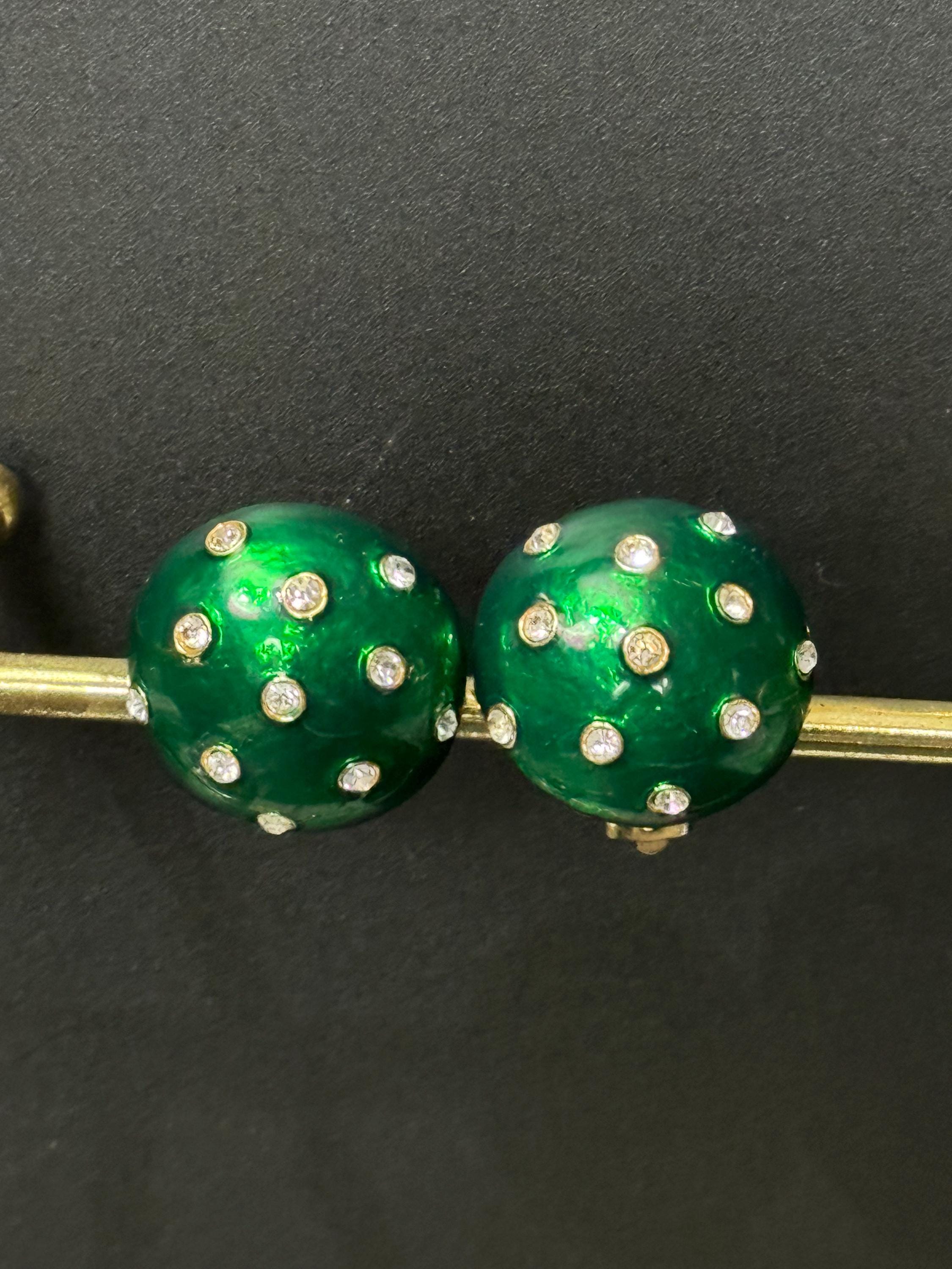 signed Ciro Green enamel gold tone domed round diamanté clip on earrings