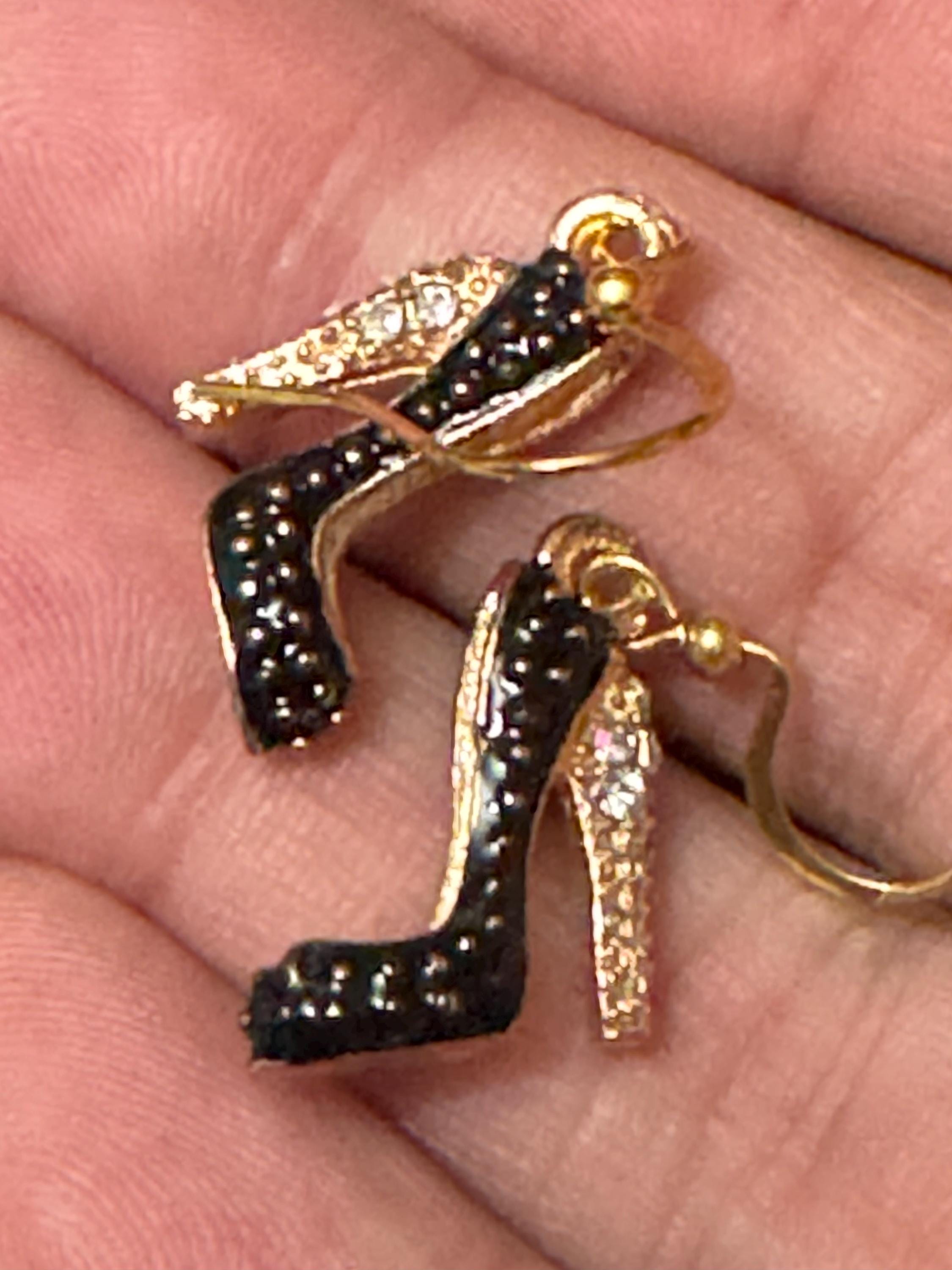 gold and BLACK enamel diamanté stiletto high heel shoe drop earrings pair