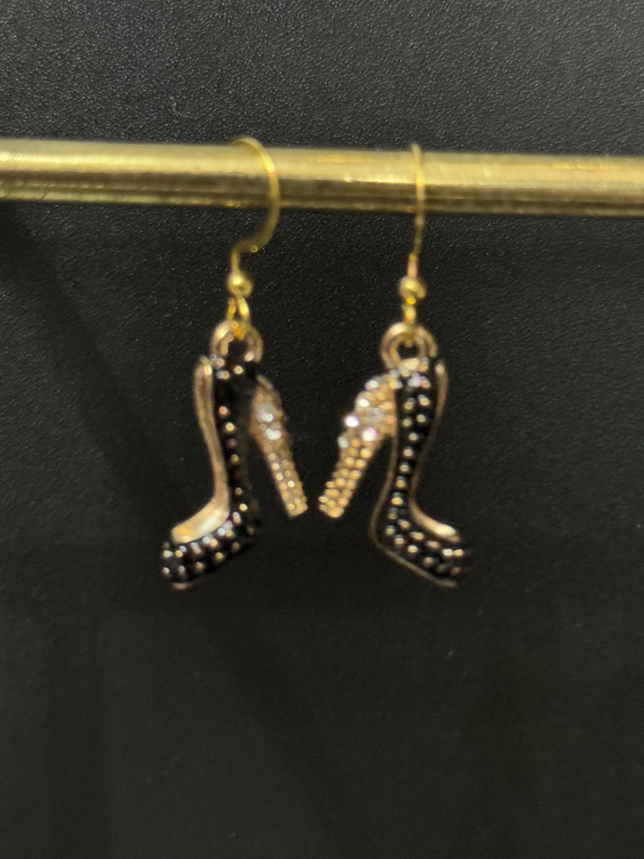 gold and BLACK enamel diamanté stiletto high heel shoe drop earrings pair