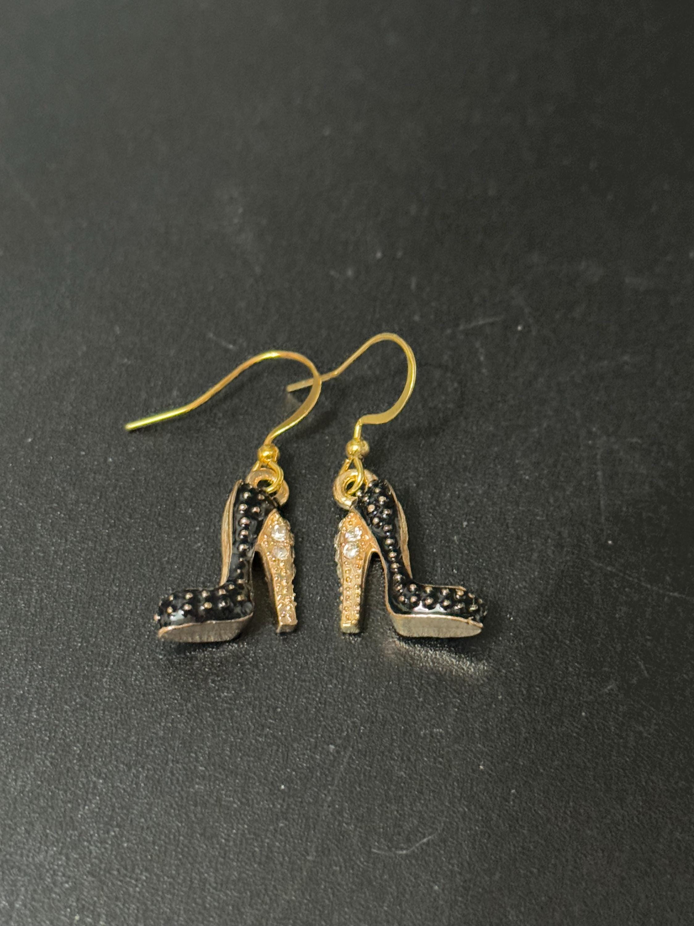 gold and BLACK enamel diamanté stiletto high heel shoe drop earrings pair