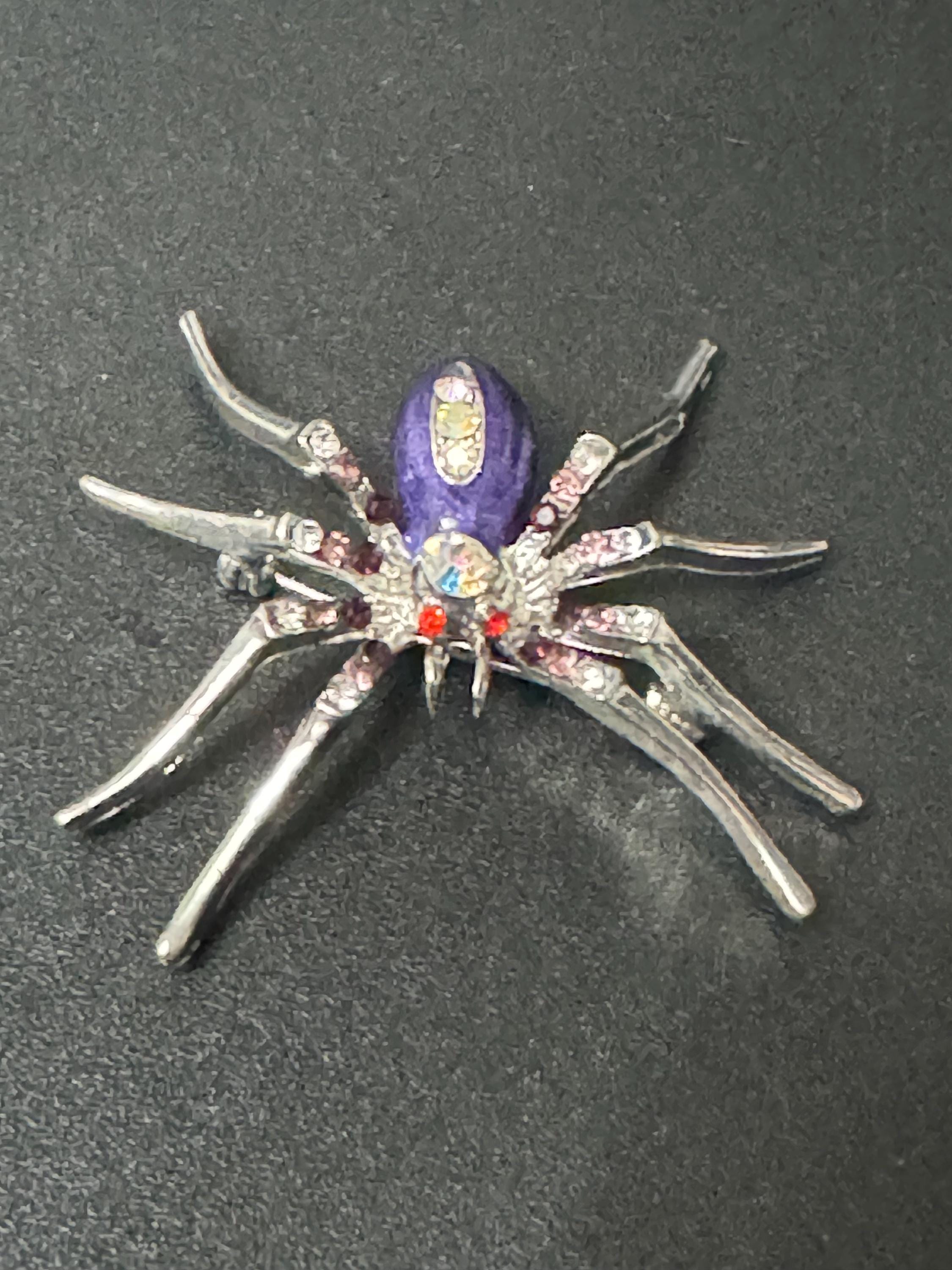 vintage silver tone spider brooch set with AB  diamanté rhinestones