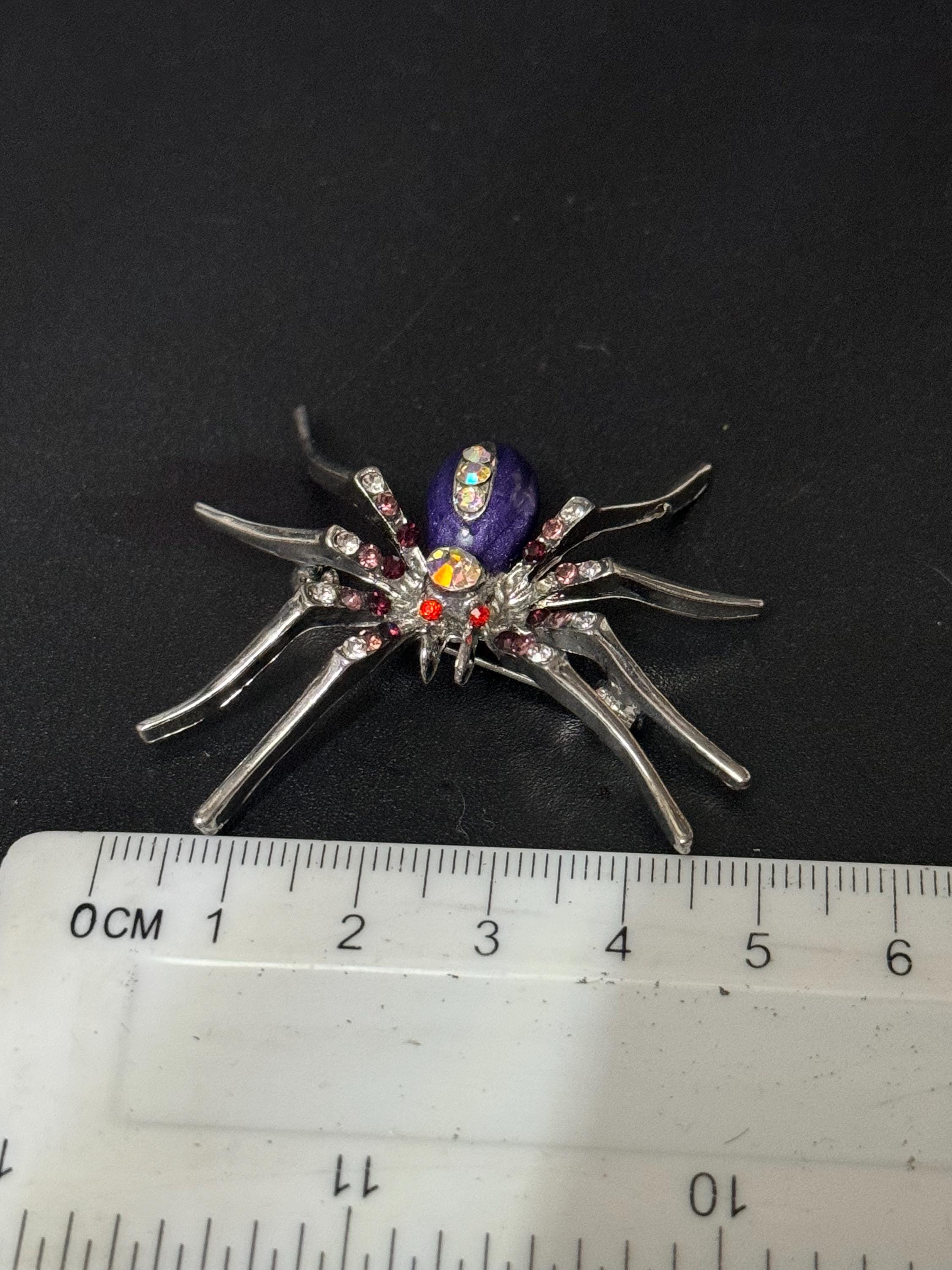 vintage silver tone spider brooch set with AB  diamanté rhinestones