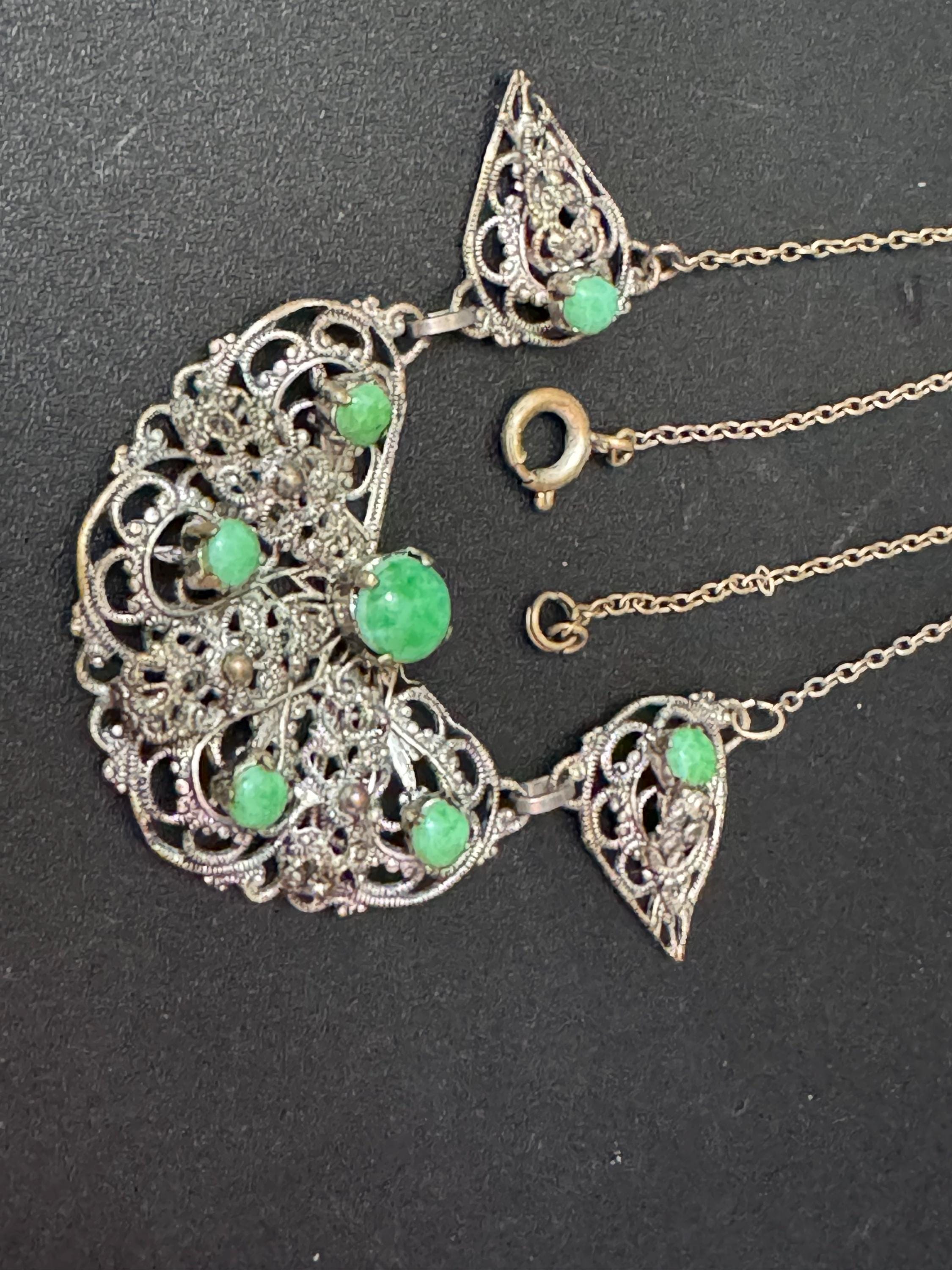 Art Deco czech necklace with green stones silver tone metal filigree