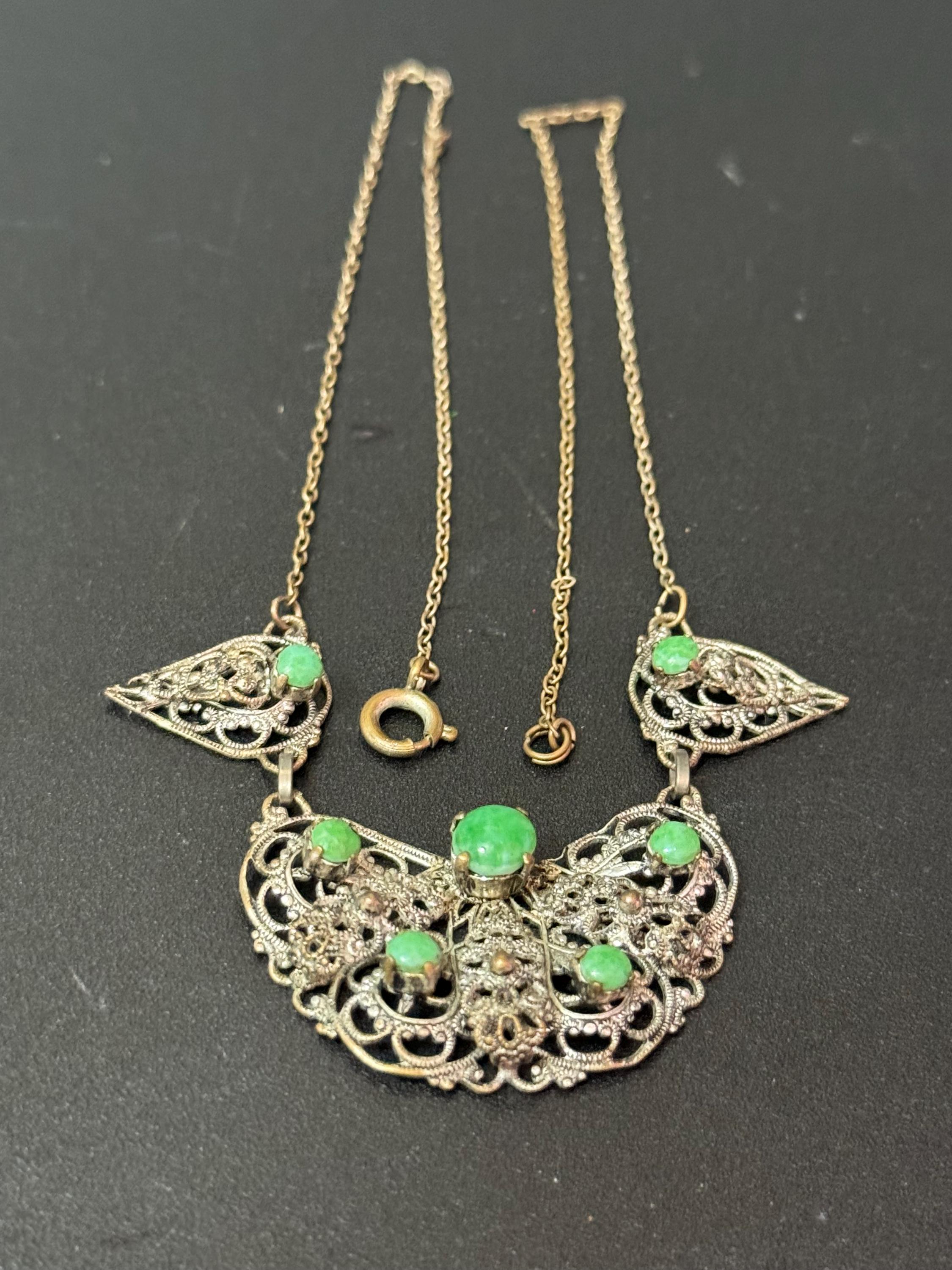 Art Deco czech necklace with green stones silver tone metal filigree