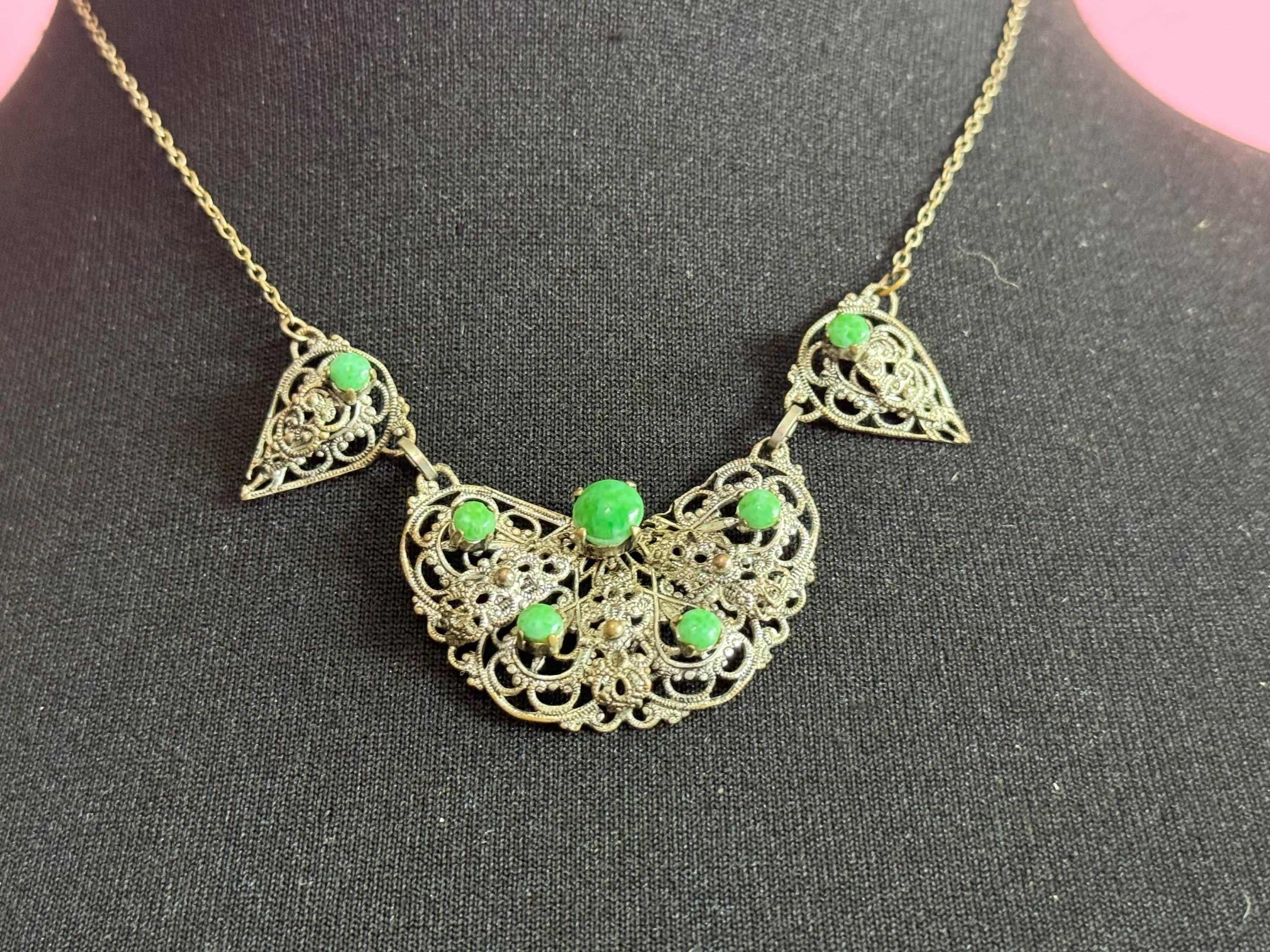 Art Deco czech necklace with green stones silver tone metal filigree