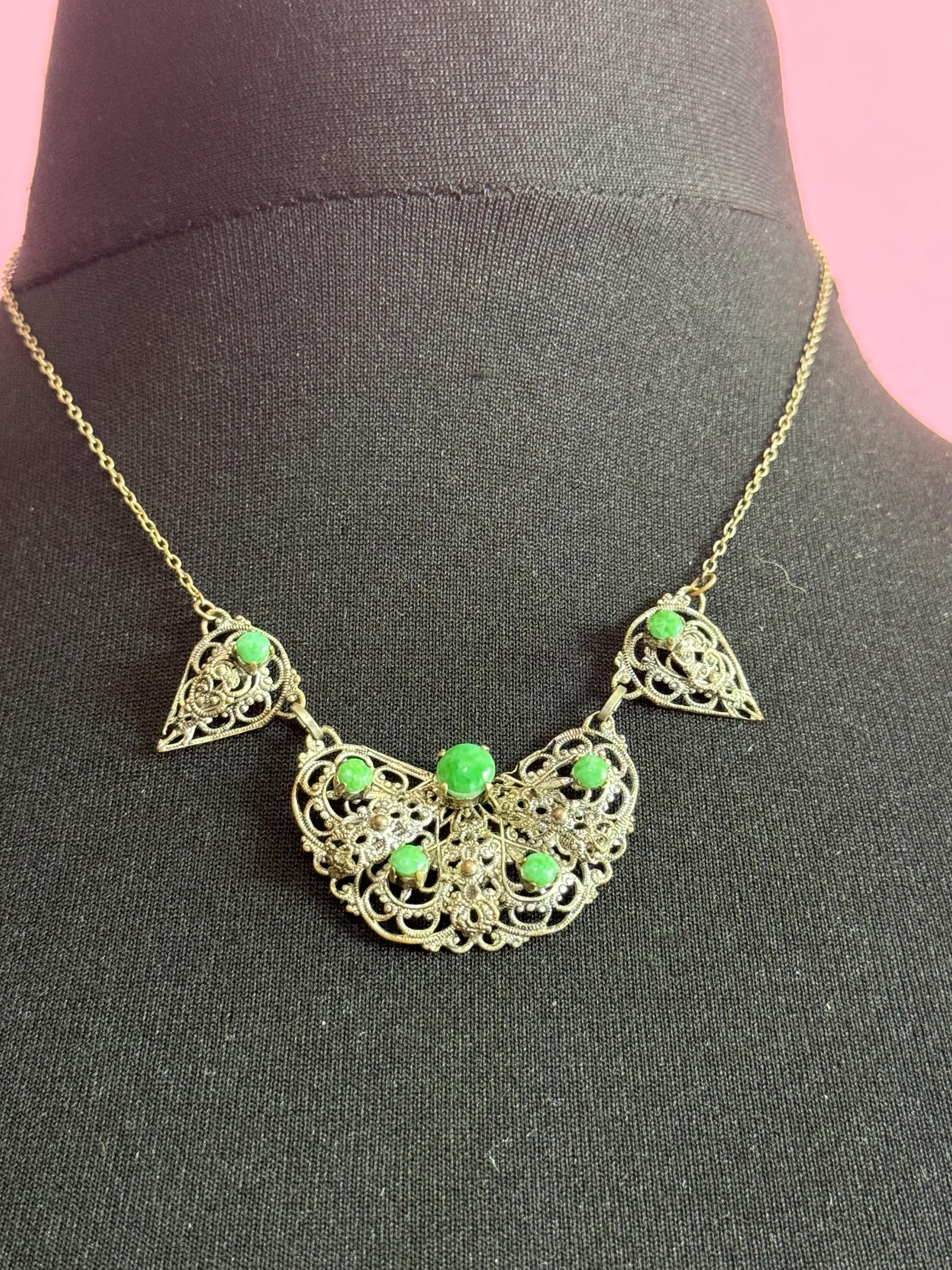 Art Deco czech necklace with green stones silver tone metal filigree