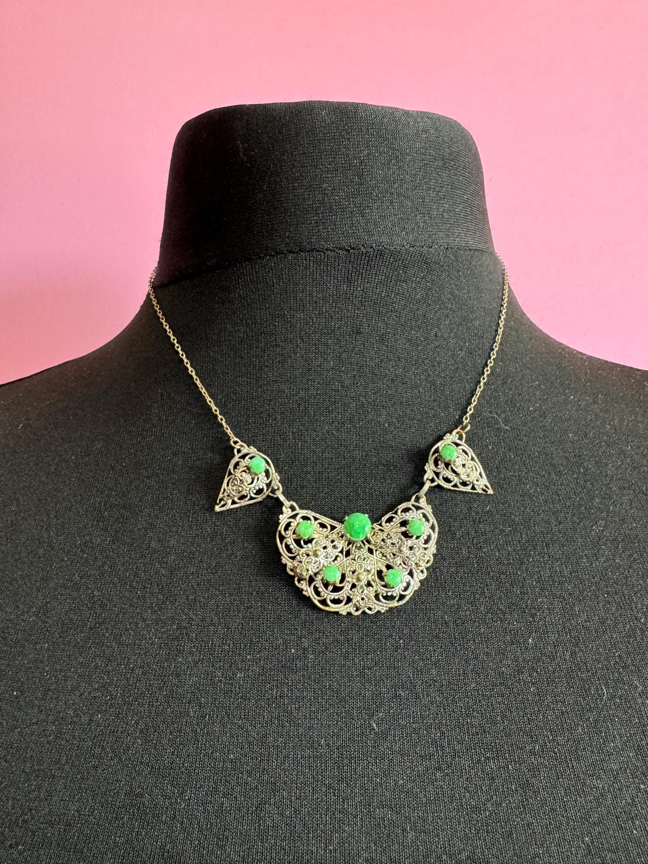 Art Deco czech necklace with green stones silver tone metal filigree