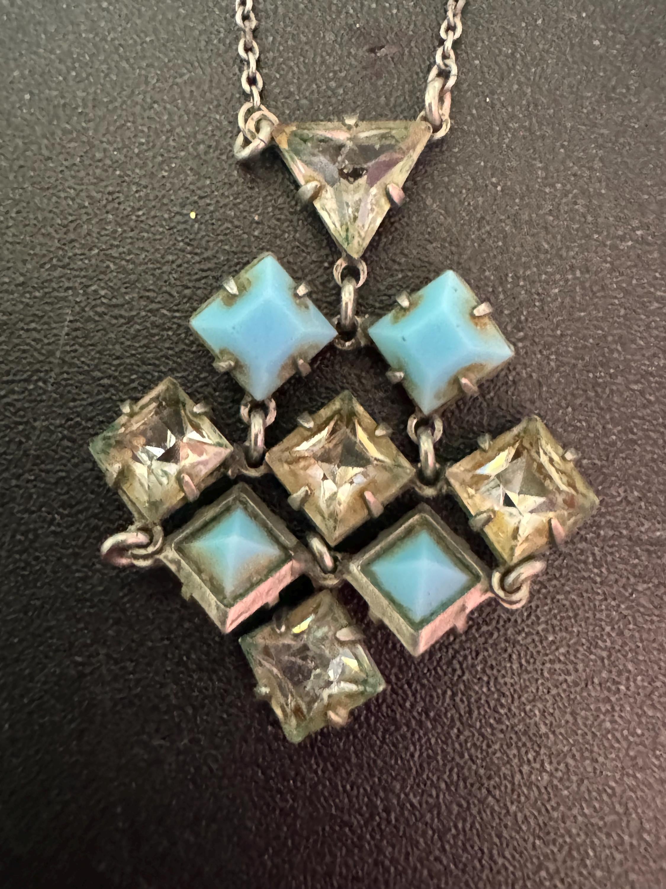 Art Deco Czech Open Back crystal turquoise blue and clear geometric square pendant drop necklace