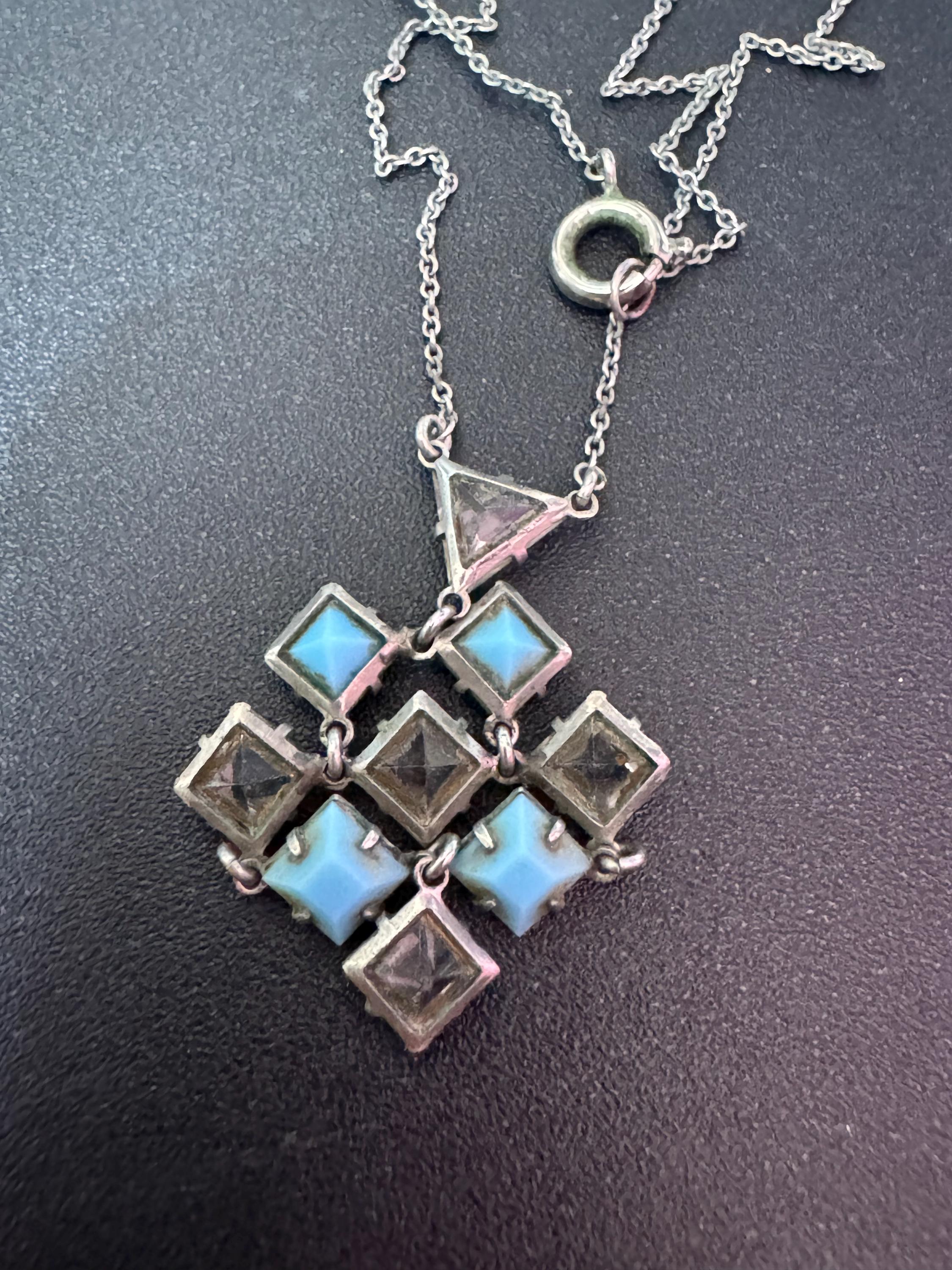 Art Deco Czech Open Back crystal turquoise blue and clear geometric square pendant drop necklace