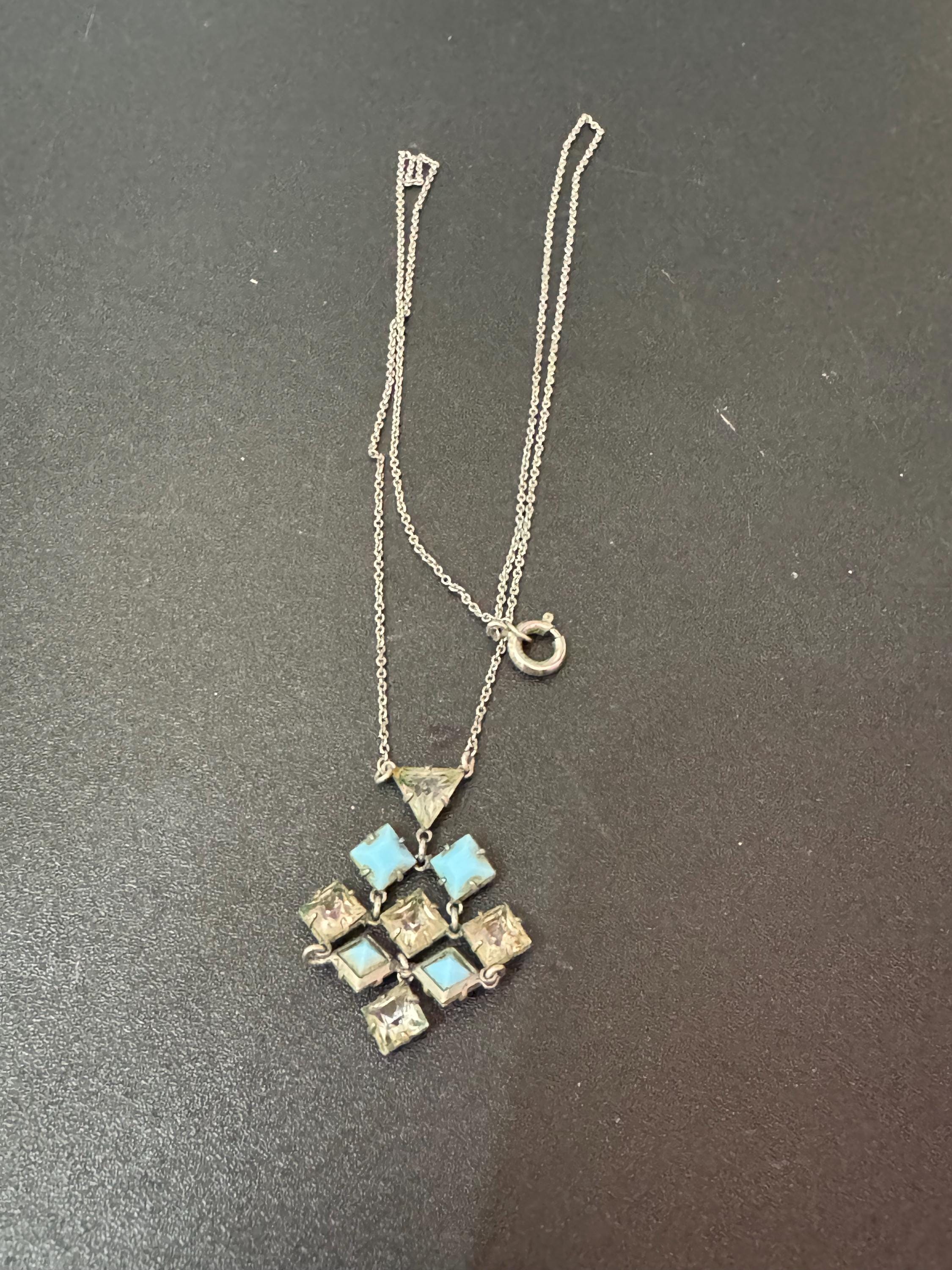 Art Deco Czech Open Back crystal turquoise blue and clear geometric square pendant drop necklace