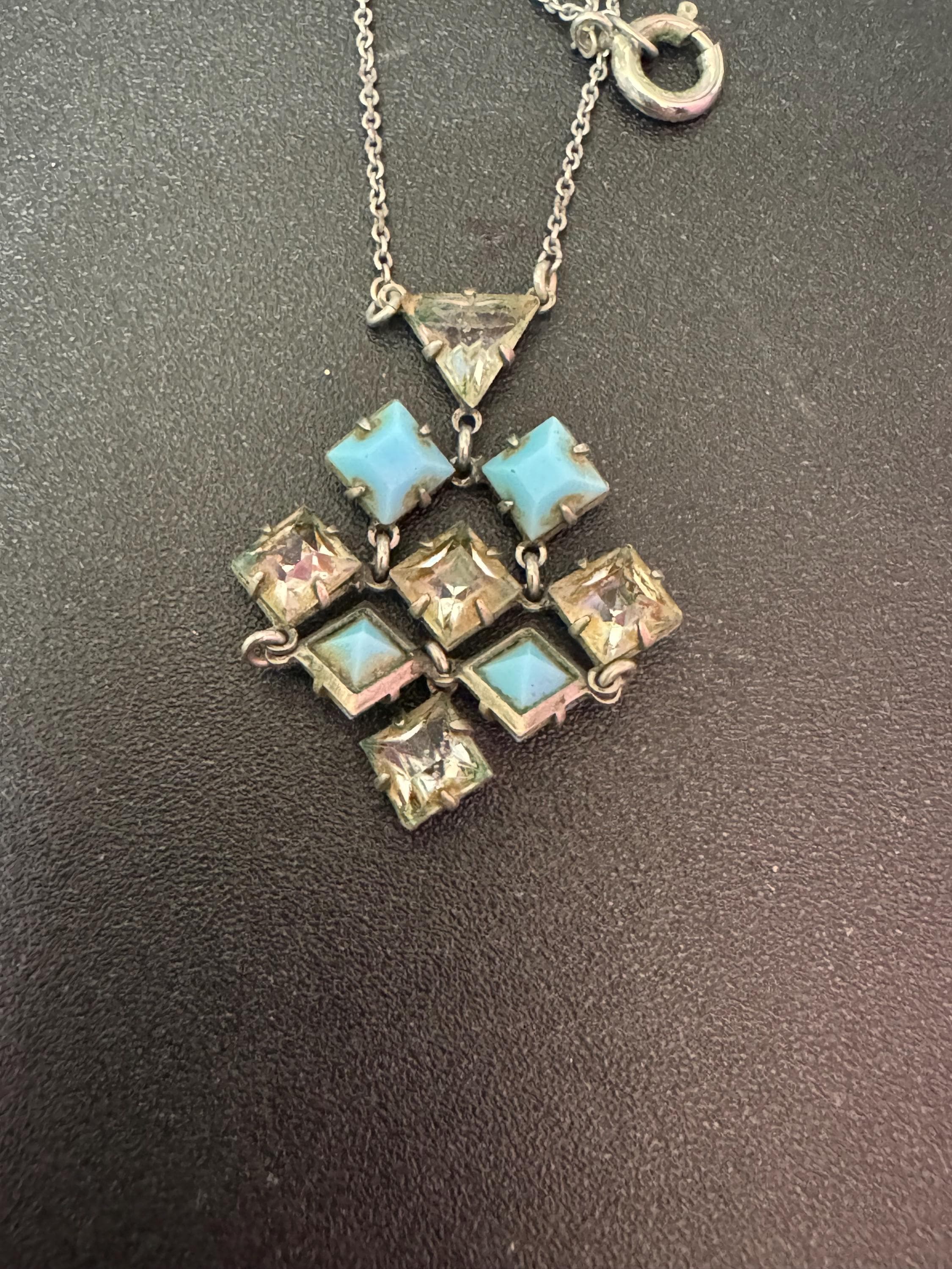 Art Deco Czech Open Back crystal turquoise blue and clear geometric square pendant drop necklace