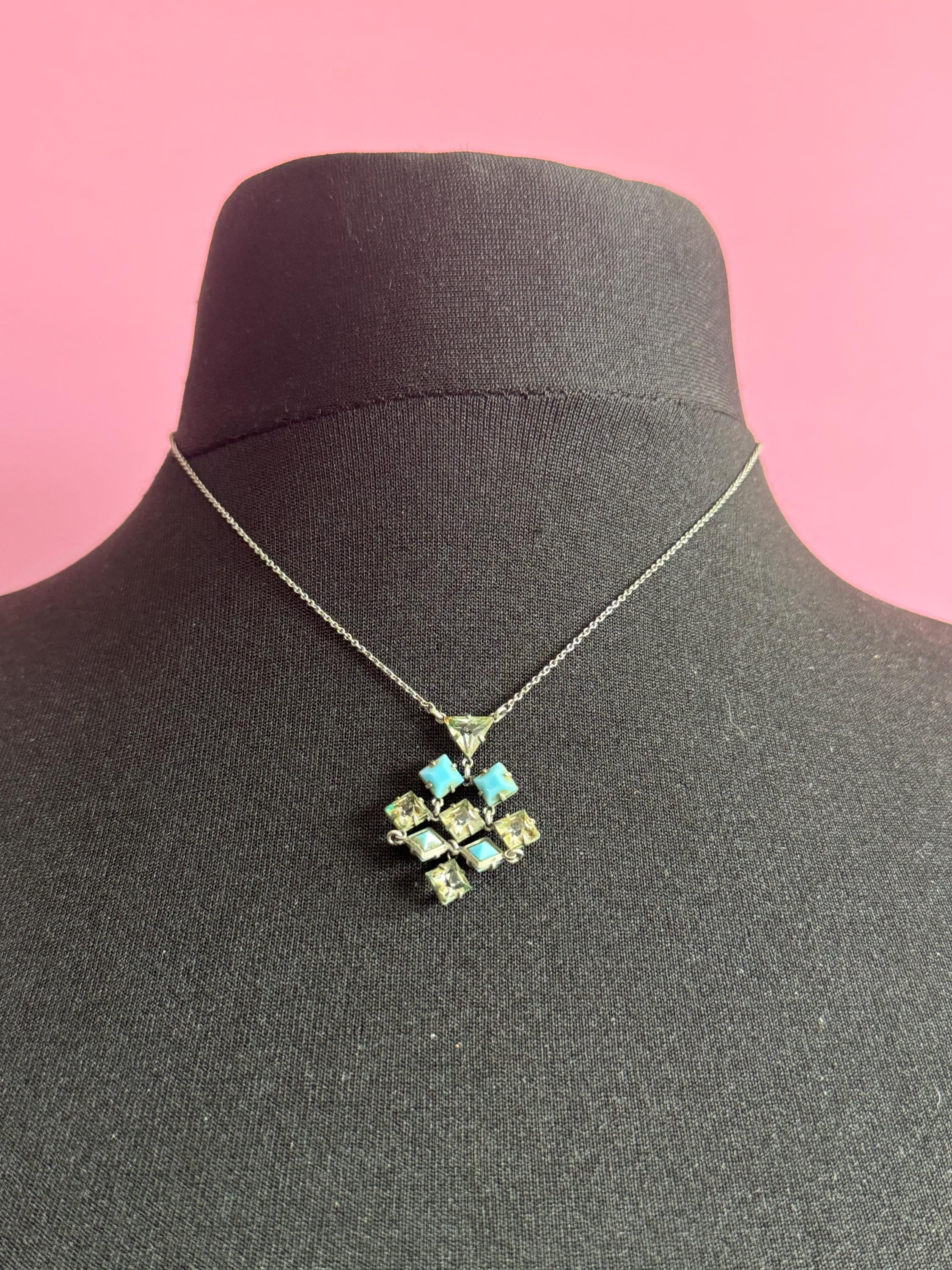 Art Deco Czech Open Back crystal turquoise blue and clear geometric square pendant drop necklace