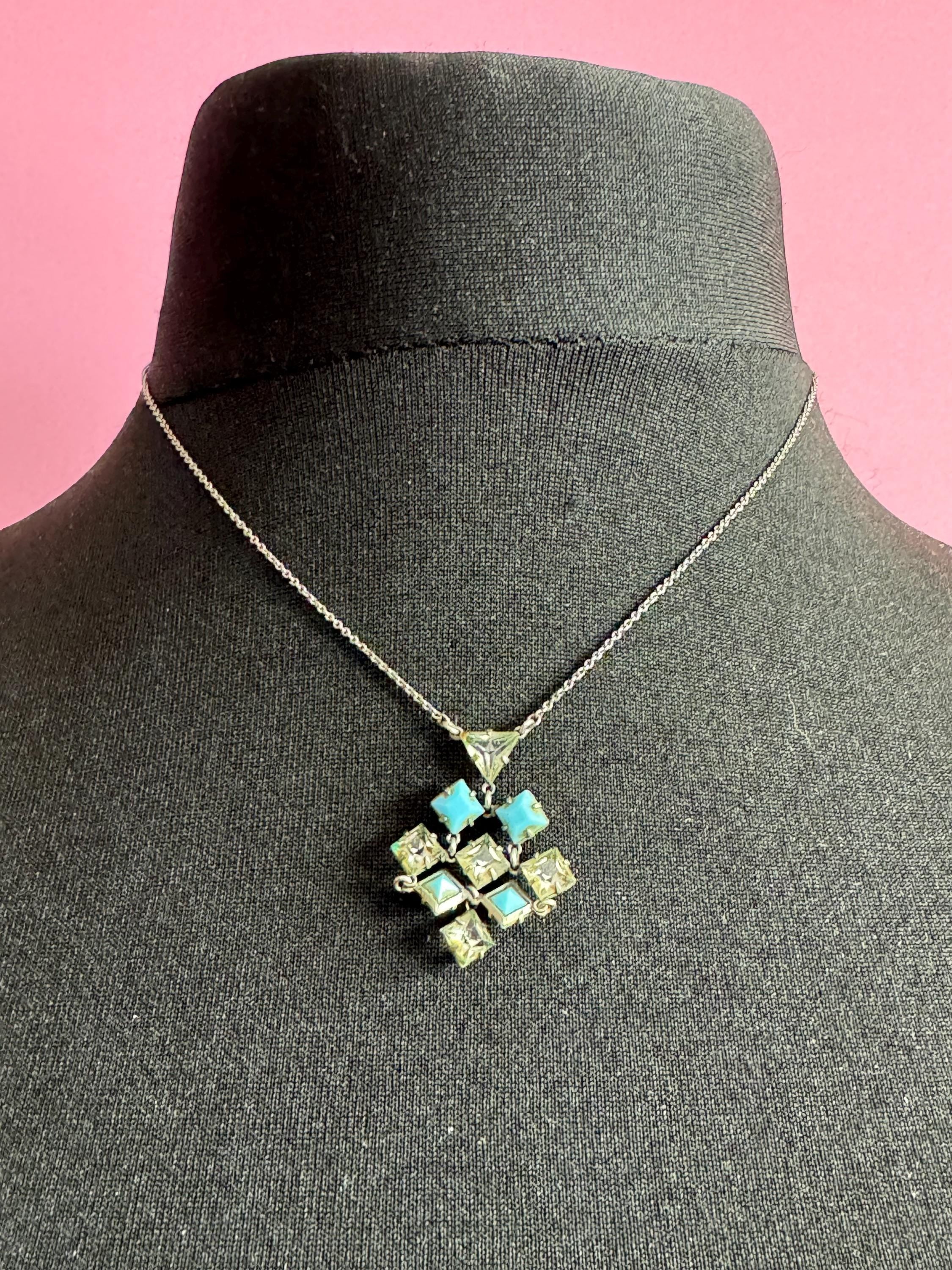 Art Deco Czech Open Back crystal turquoise blue and clear geometric square pendant drop necklace