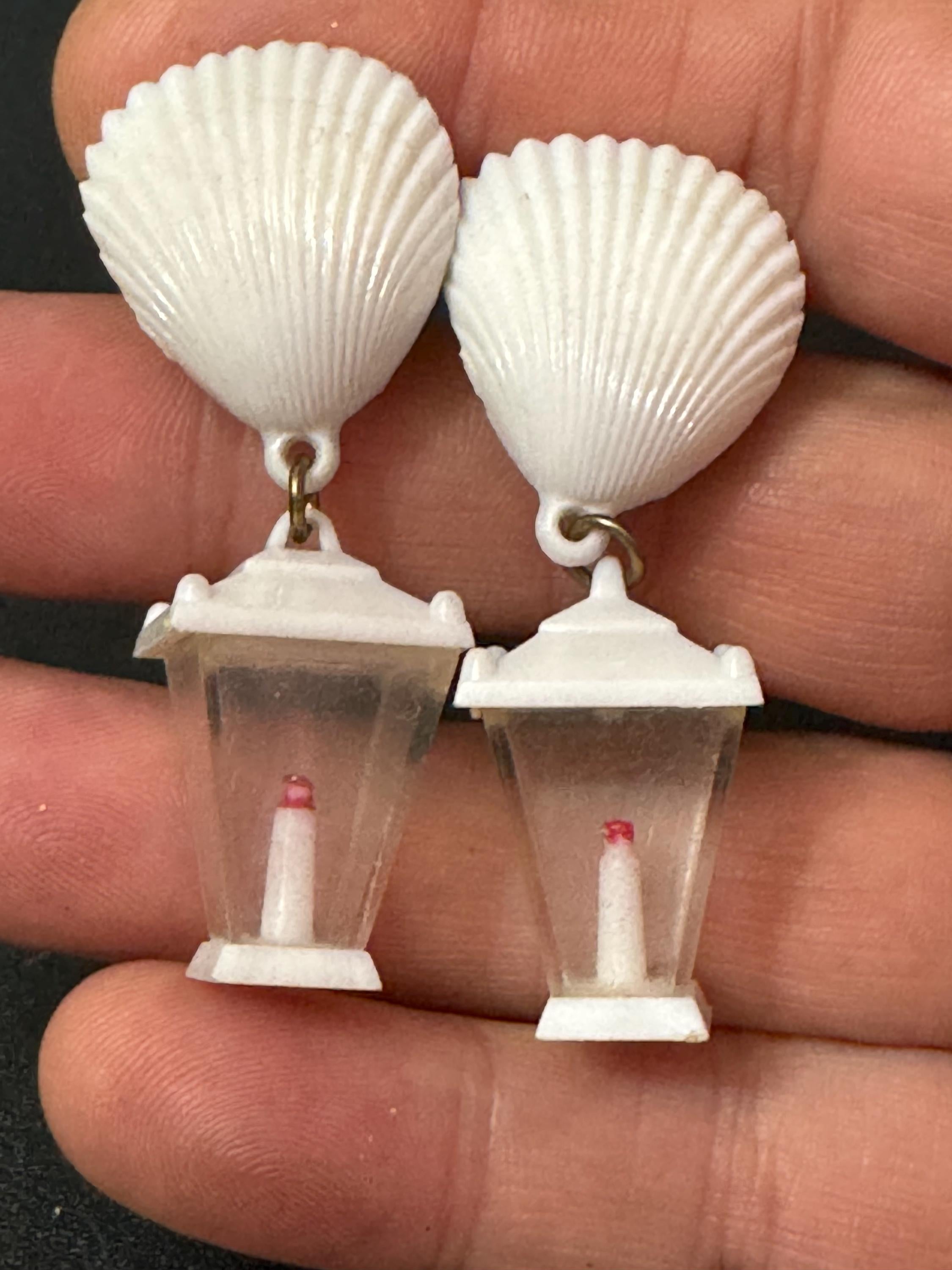 Vintage white seashell kitsch lantern light clip on earrings early plastic 5cm Hong Kong