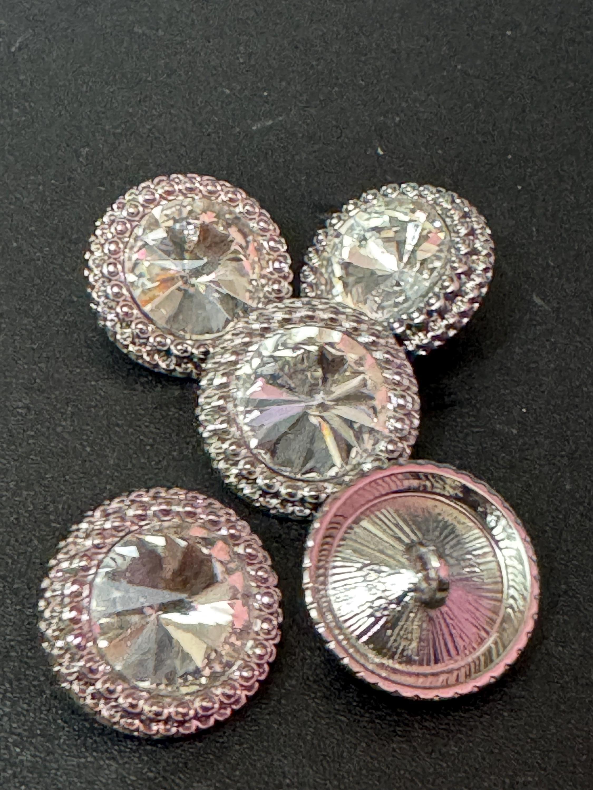 17mm clear Rivoli Crystal glass buttons, pack of 5, silver tone metal