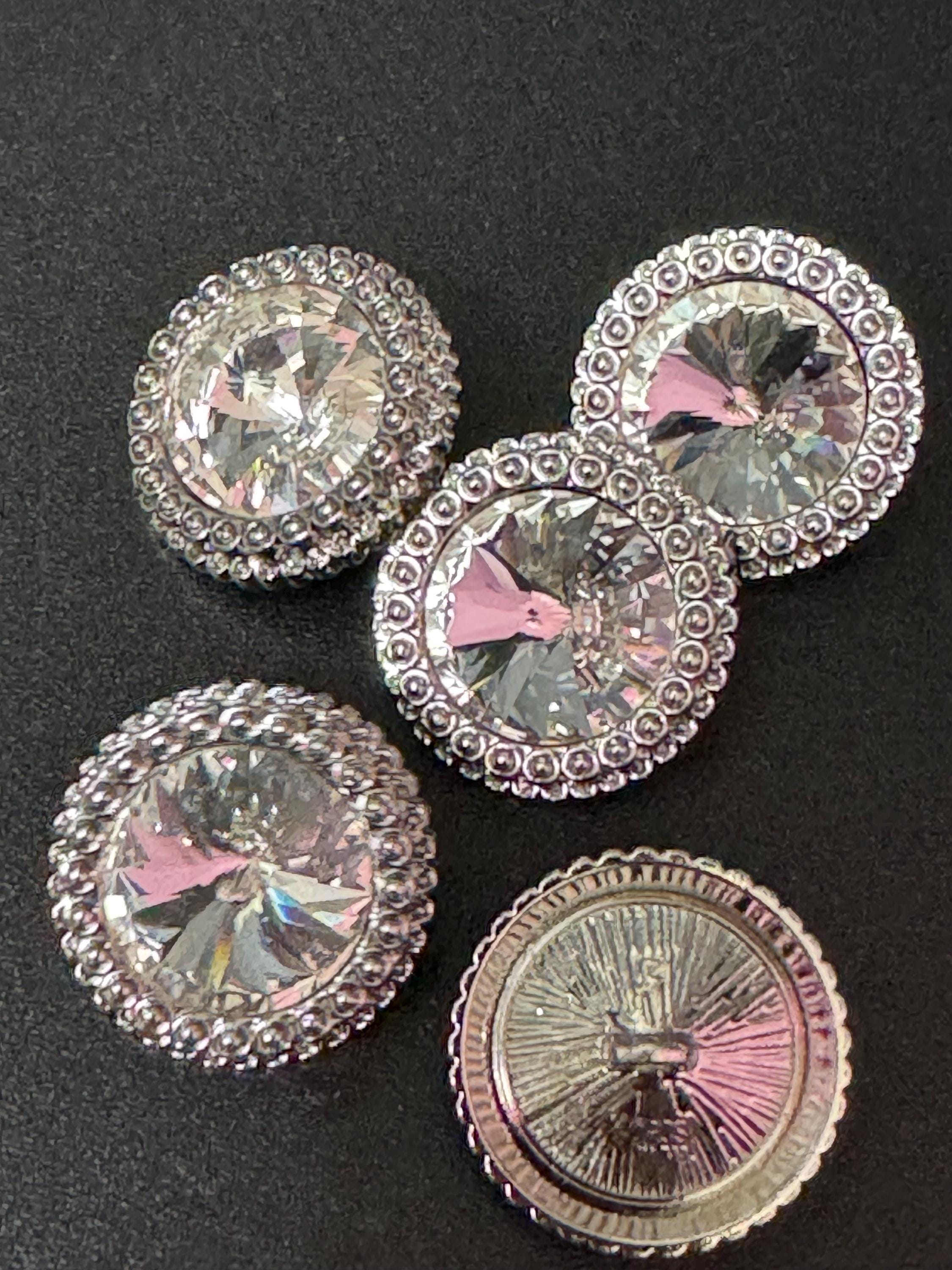 21mm clear Rivoli Crystal glass buttons, pack of 5, silver tone metal