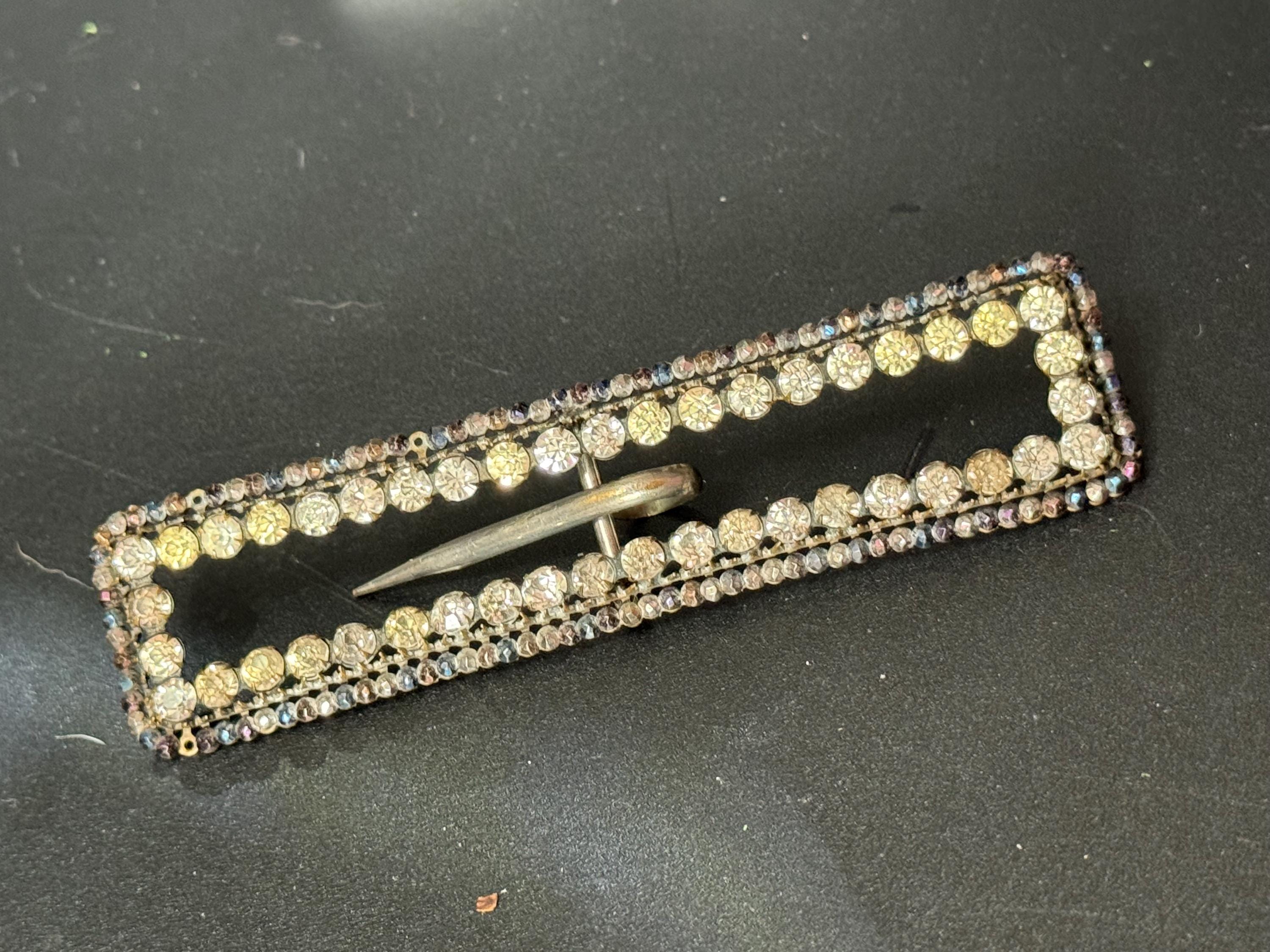 Wide narrow vintage rectangular Clear Glass Diamanté Belt Buckle one prong