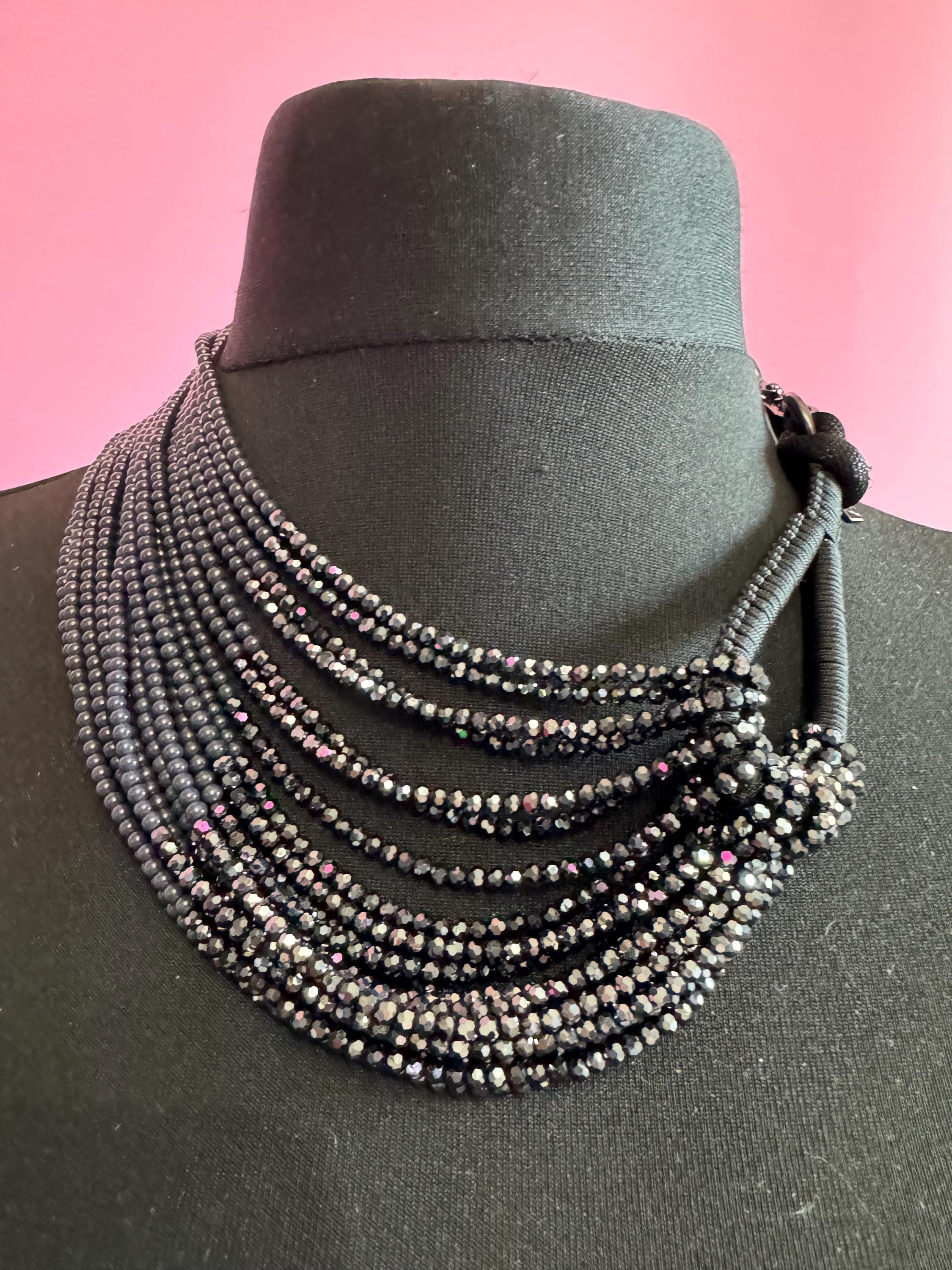 signed statement grey black faceted glass beaded wide bib Multistrand choker necklace