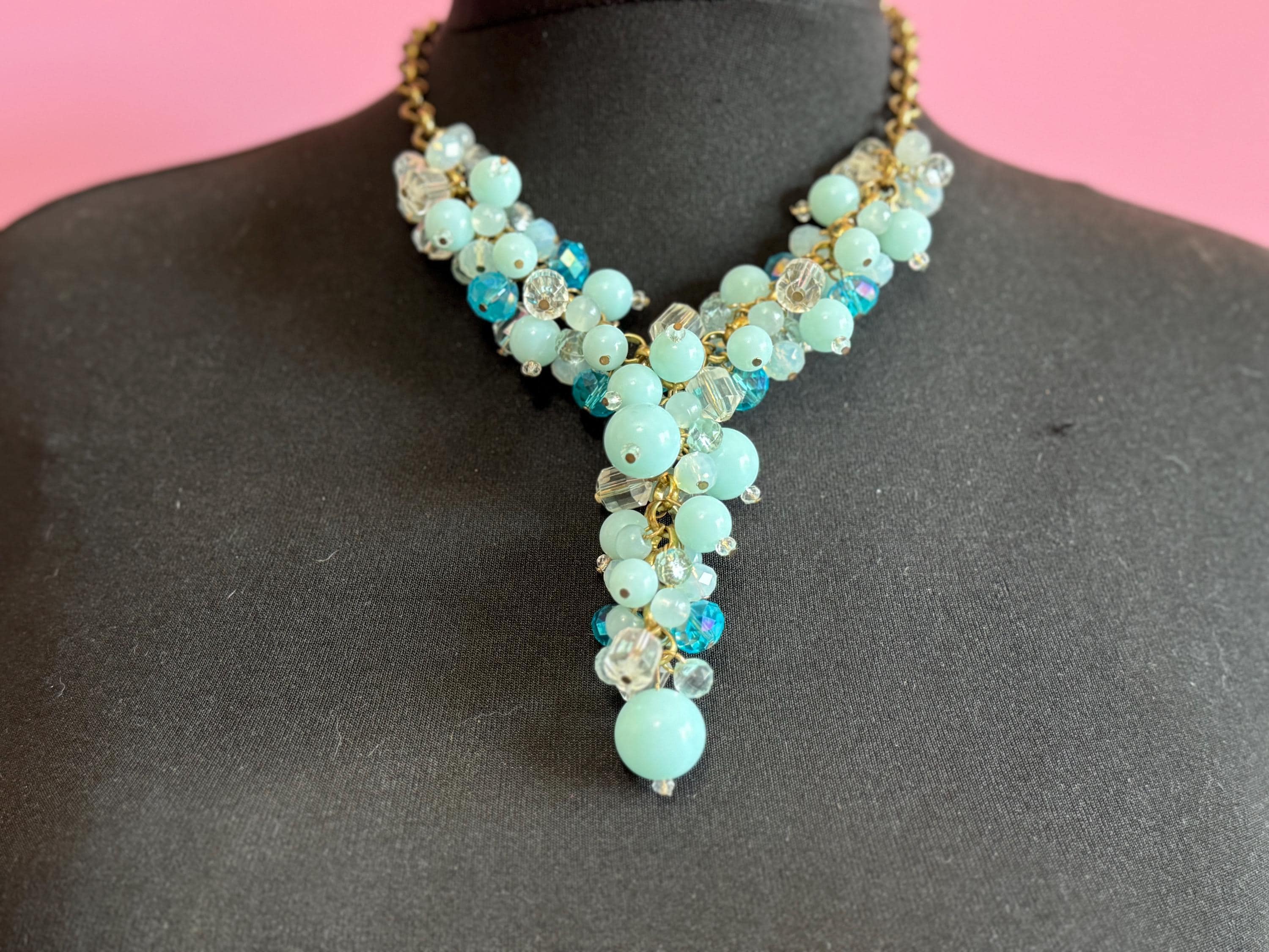 chunky turquoise blue round beaded glass drop necklace retro bronzed chain