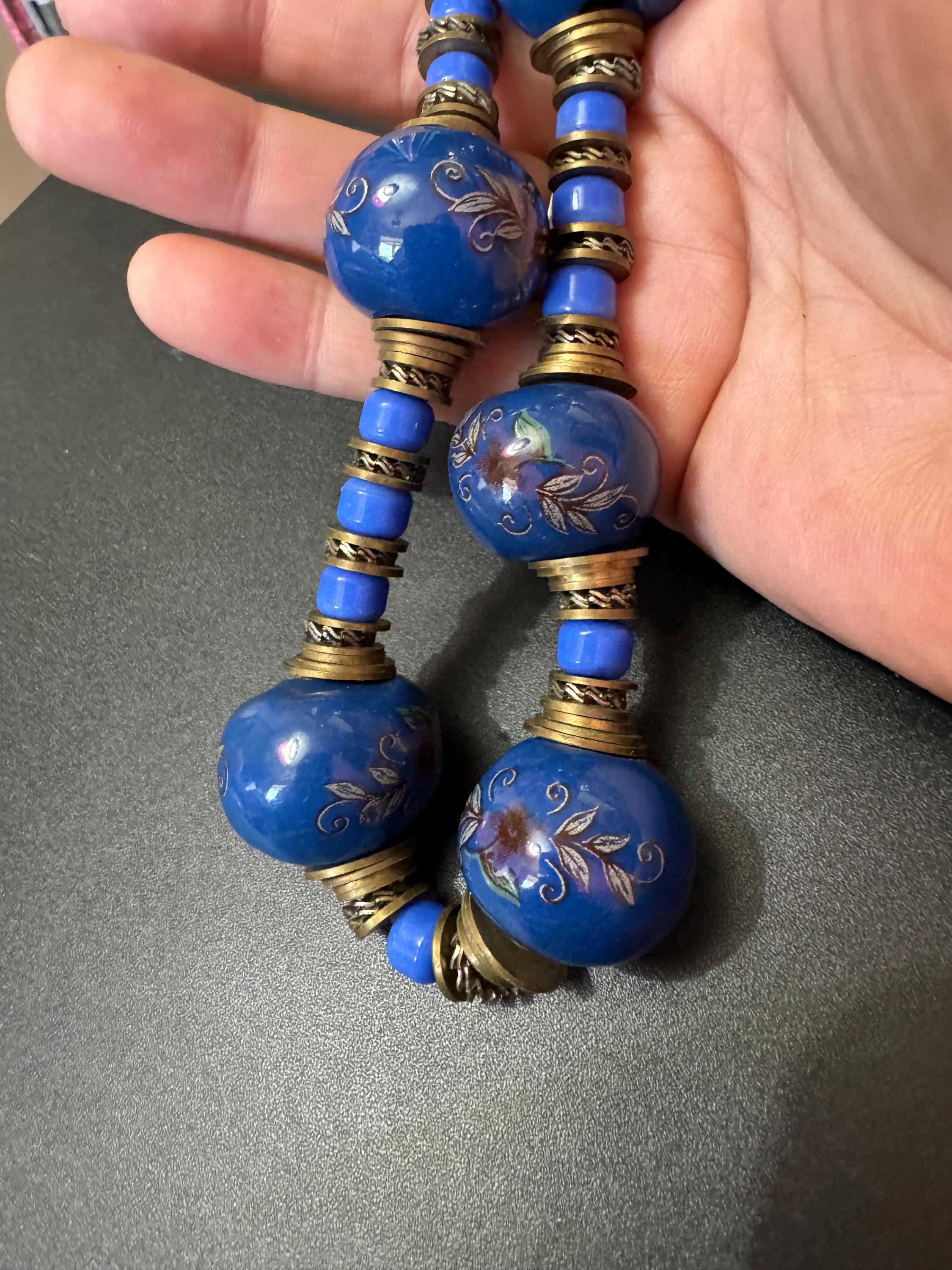 Chinese chunky royal blue painted floral ceramic beaded necklace on leather 62cm