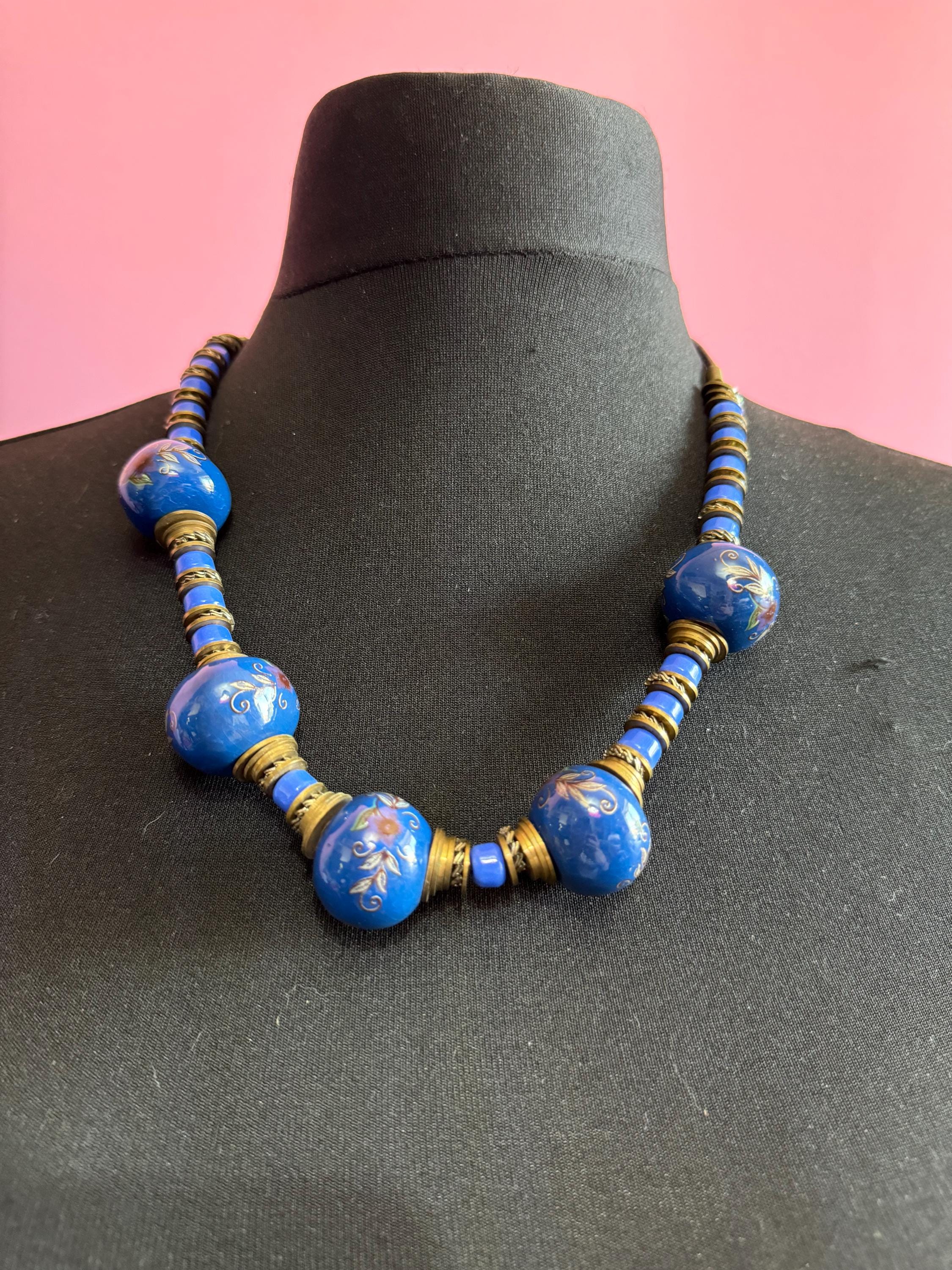 Chinese chunky royal blue painted floral ceramic beaded necklace on leather 62cm